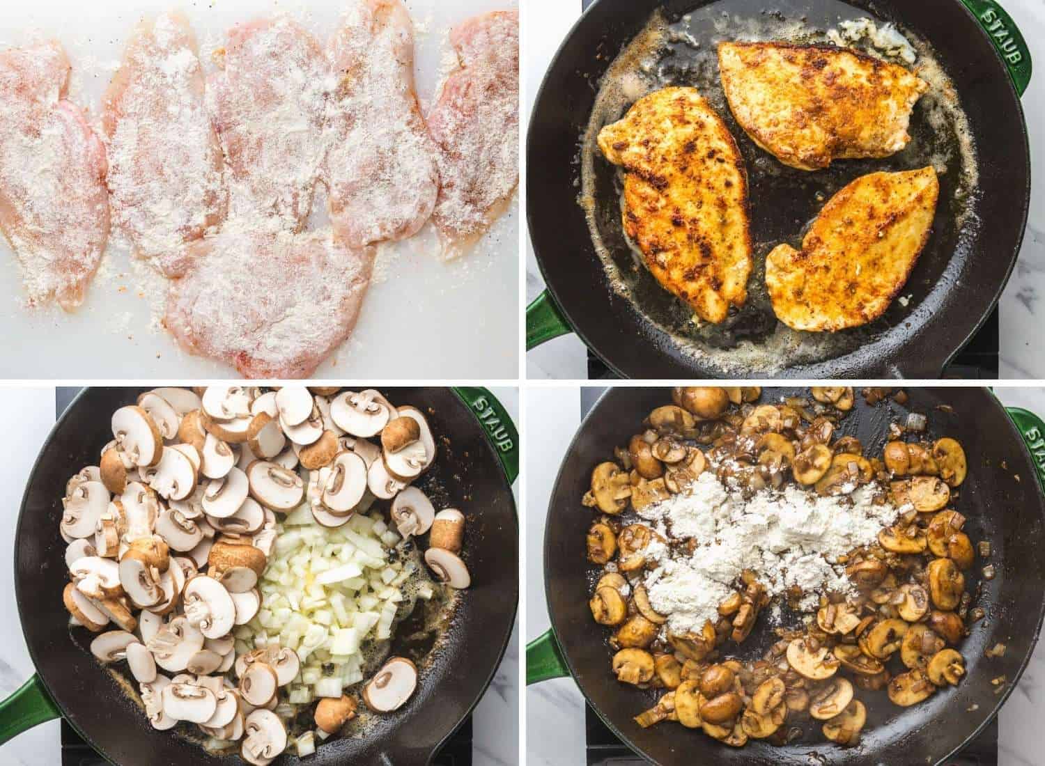 Photo collage showing how to make chicken stroganoff with chicken cutlets