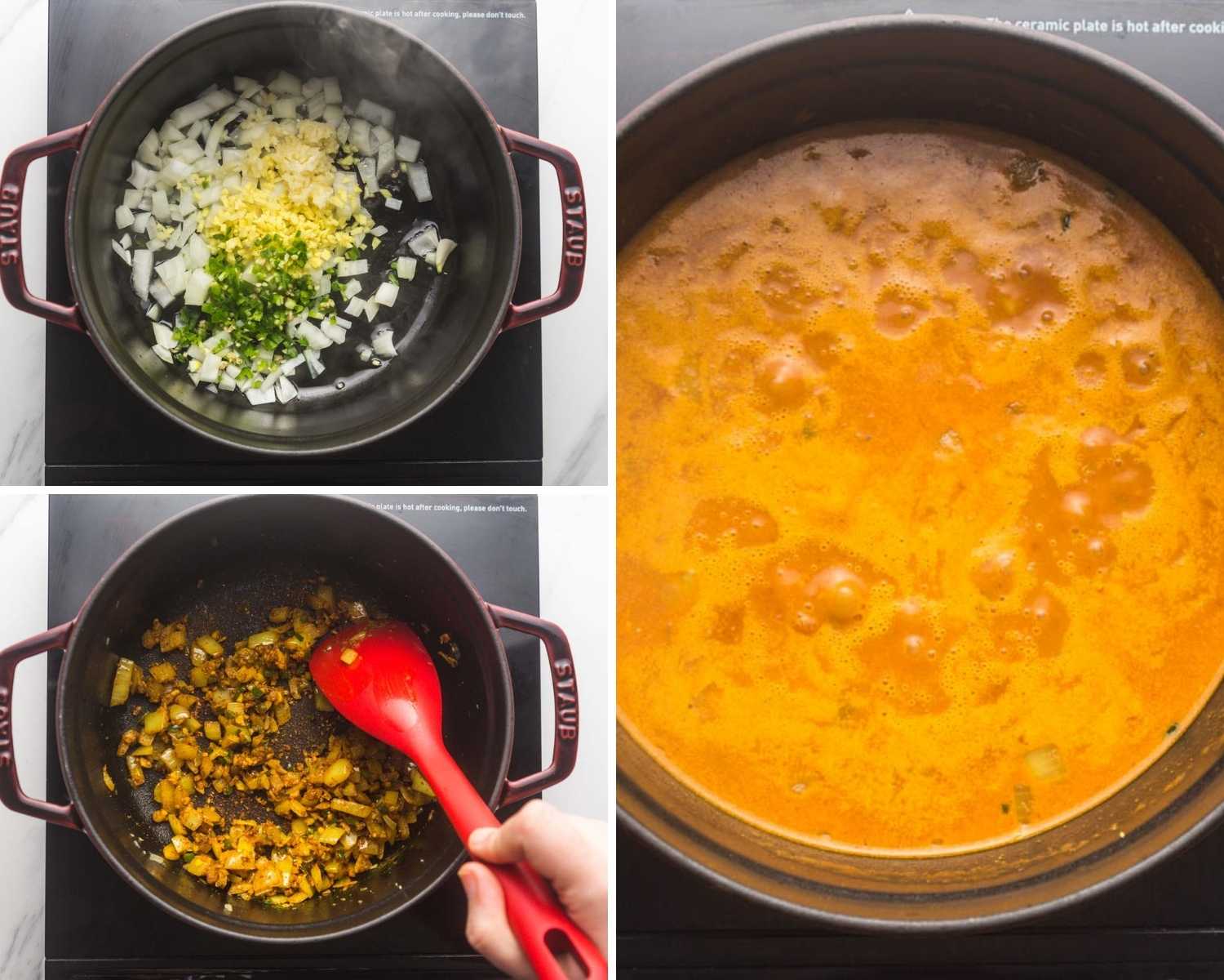 Collage of 3 images showing how to make chickpea curry