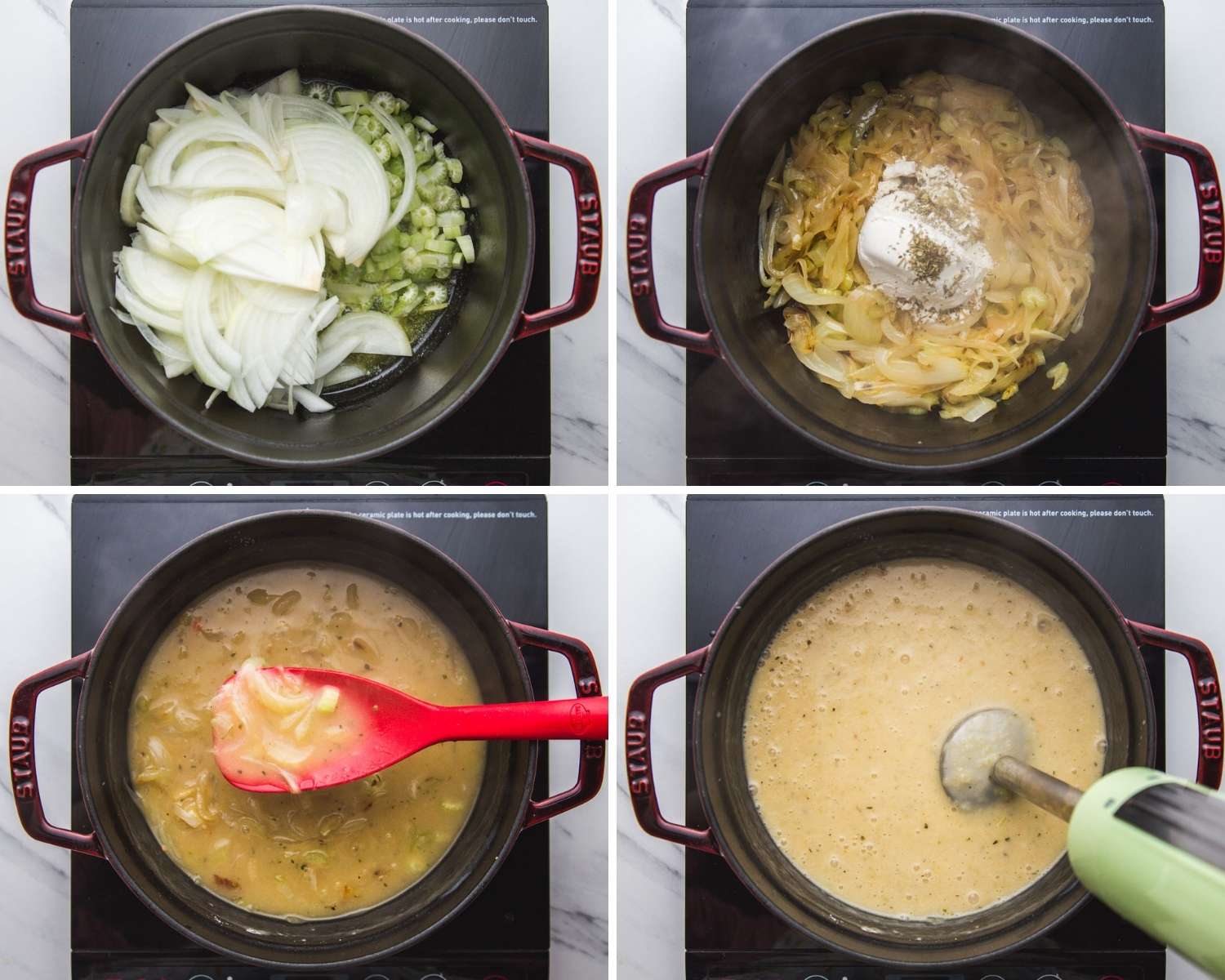 Collage of four images showing how to make cream of onion soup