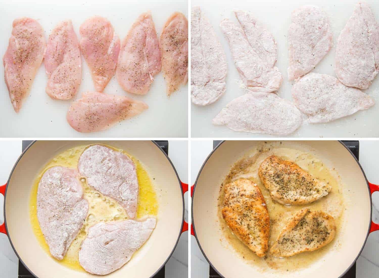 a photo collage showing four steps for dredging chicken cutlets in flour and searing in a pan