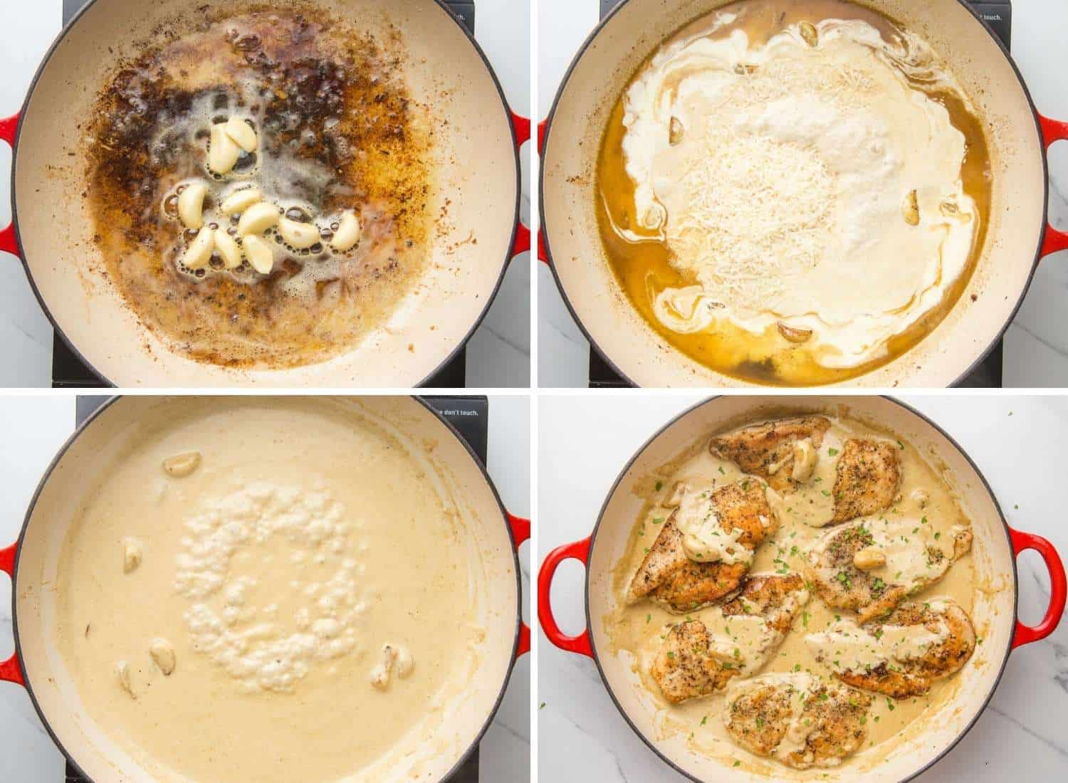 photo collage showing four steps for making creamy garlic chicken in a skillet
