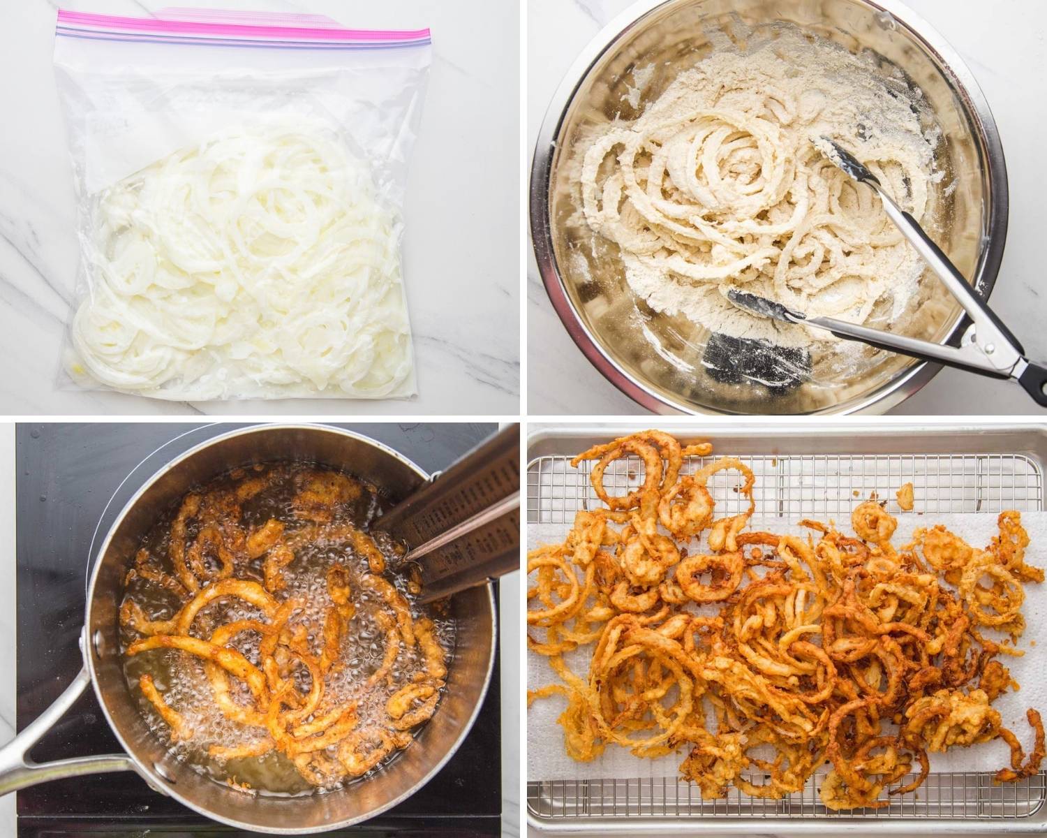 Collage of four images showing how to marinate, coat in flour, and fry onions.