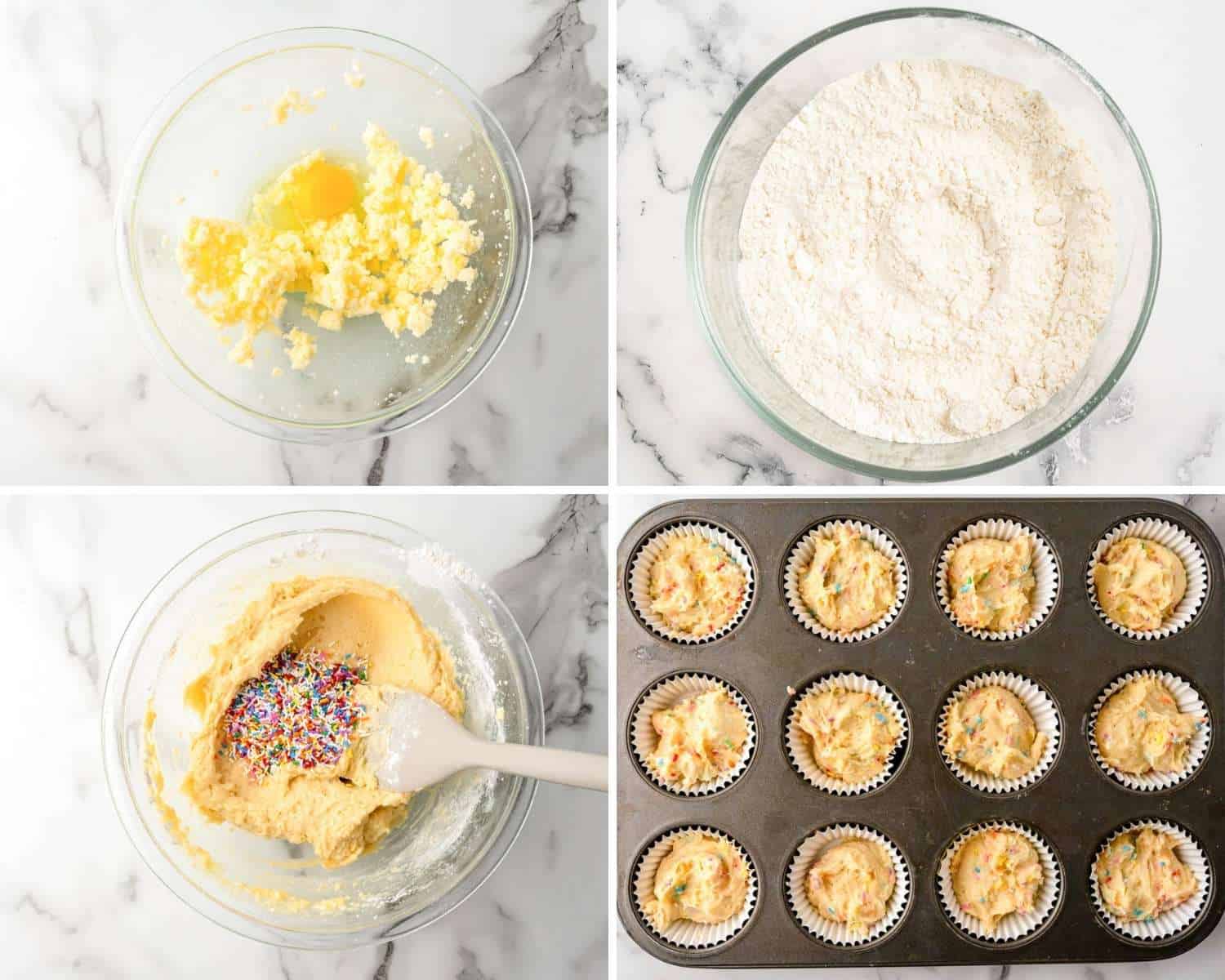 Collage of four images showing how to make funfetti cupcakes