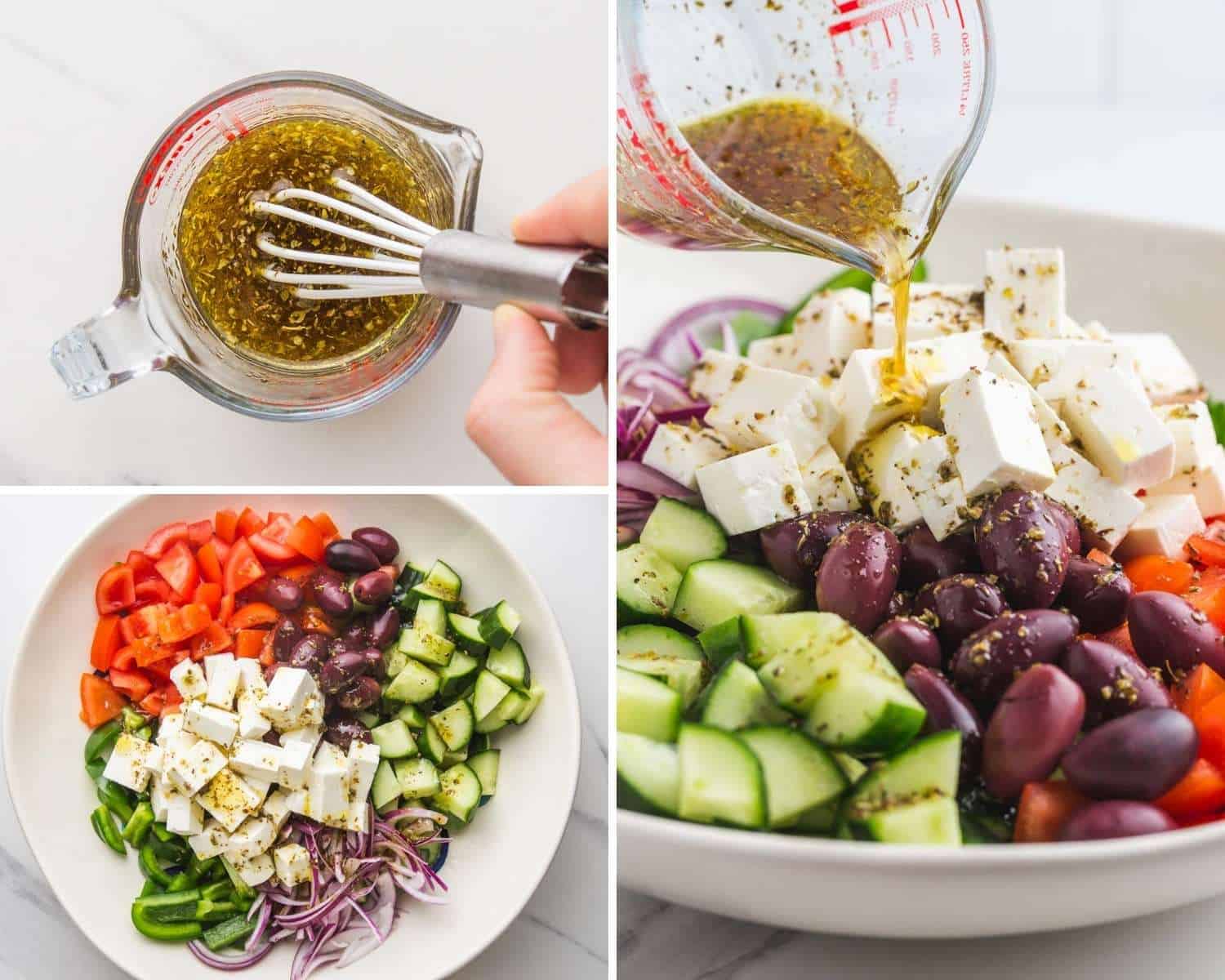 A photo collage showing how easy it is to make a homemade greek salad in three steps
