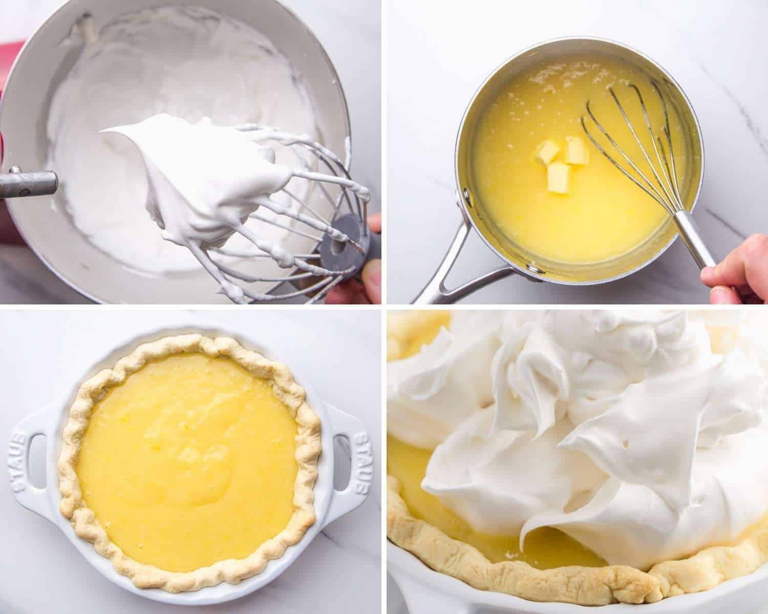 photo collage showing 4 steps for making a lemon meringue pie