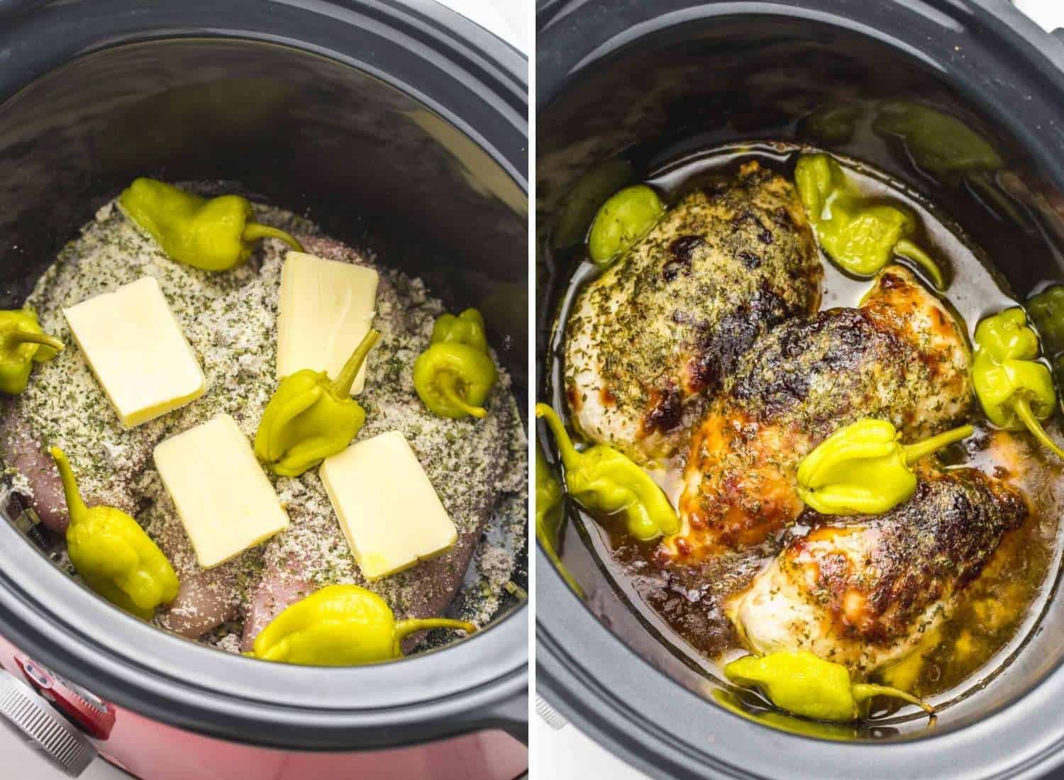 2 photos showing how to make mississippi chicken in a crock pot