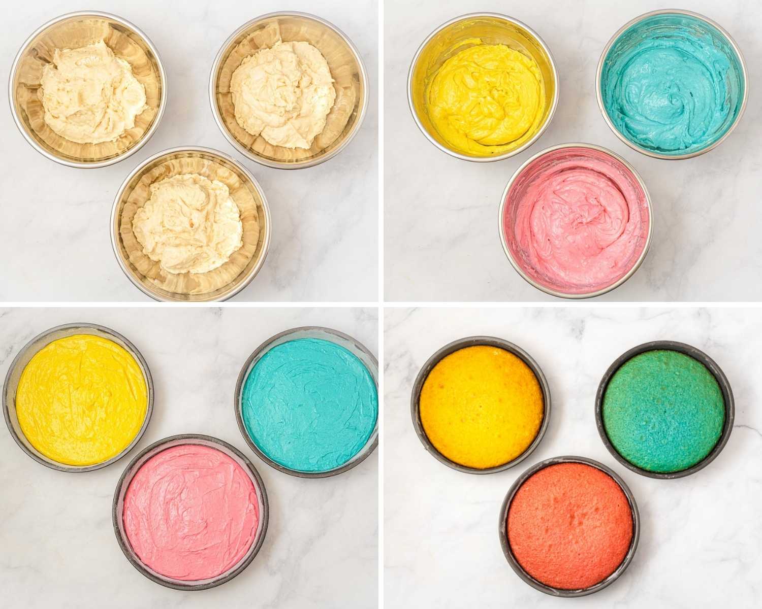 Collage of four images showing how to make multi color cake by diving the cake batter and coloring it, then baking each of the cakes.
