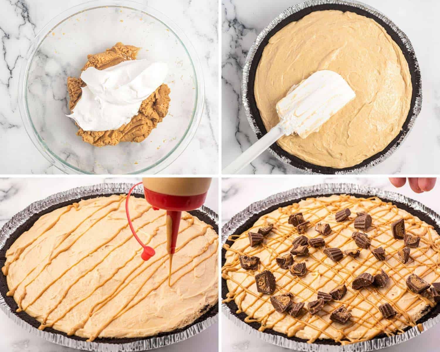 an image collage showing how to make peanut butter pie in four steps
