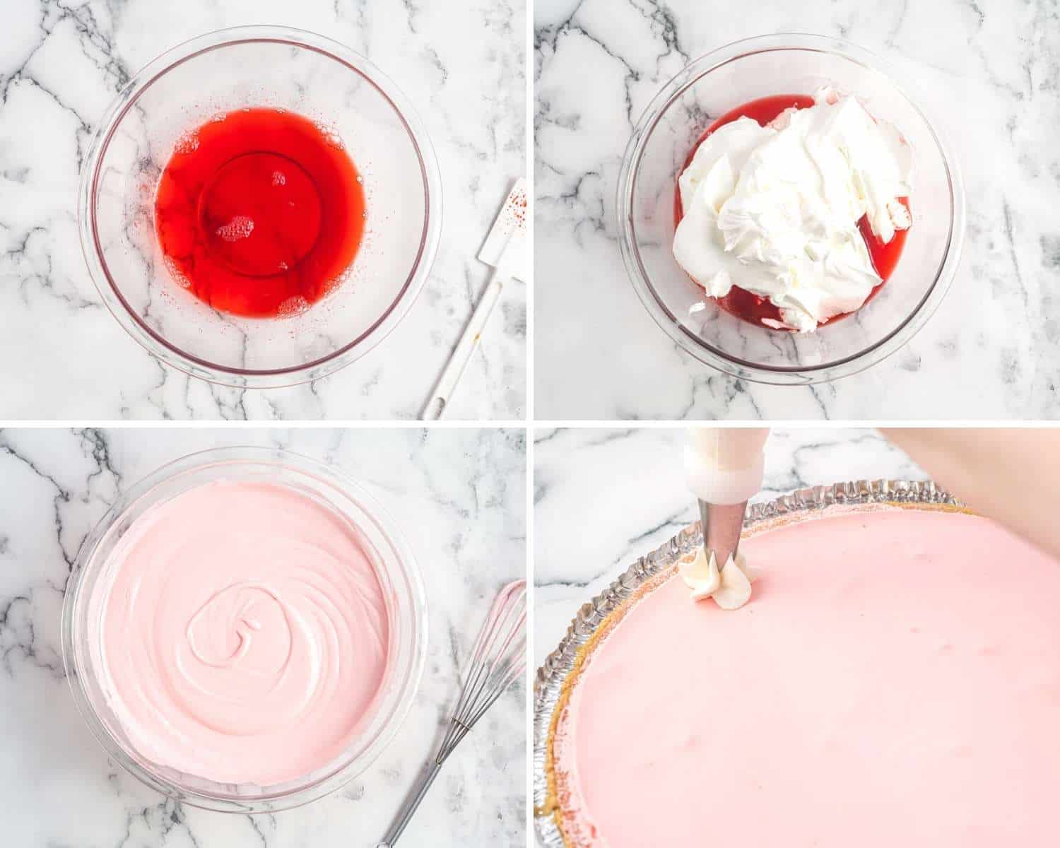 a photo collage showing four easy steps for making a strawberry no bake pie with jello and cool whip