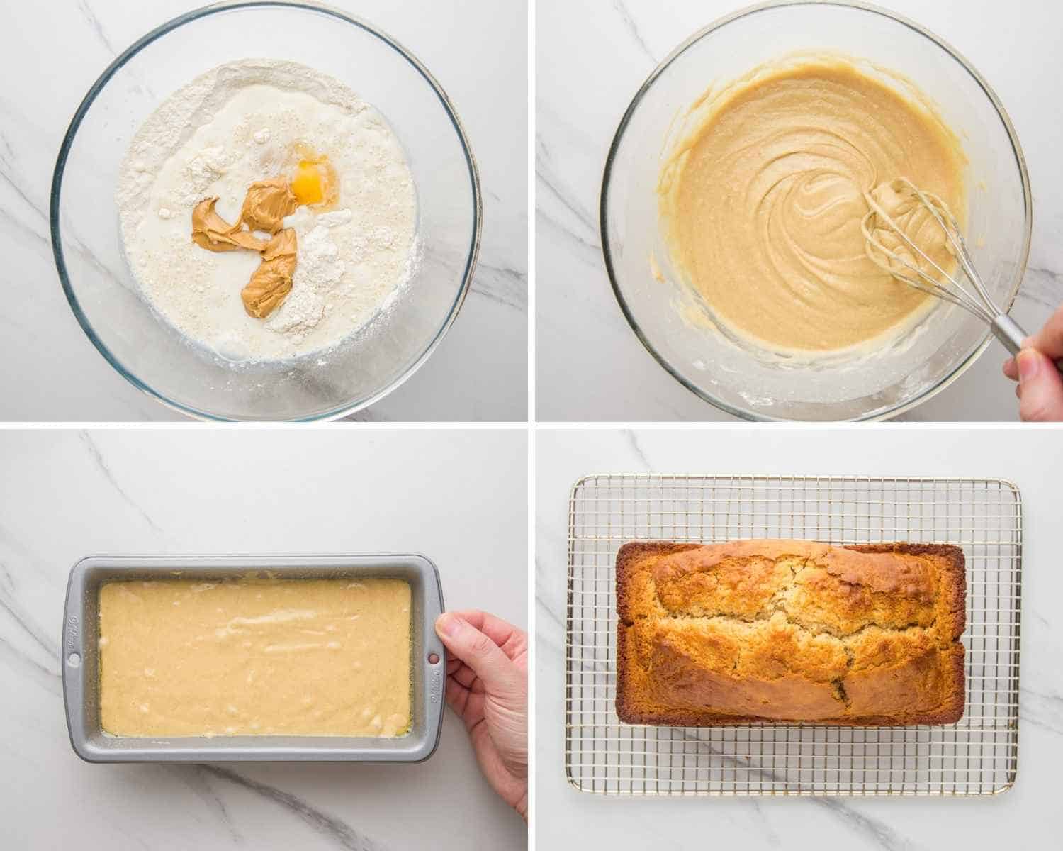 Collage of four images showing how to make peanut butter bread