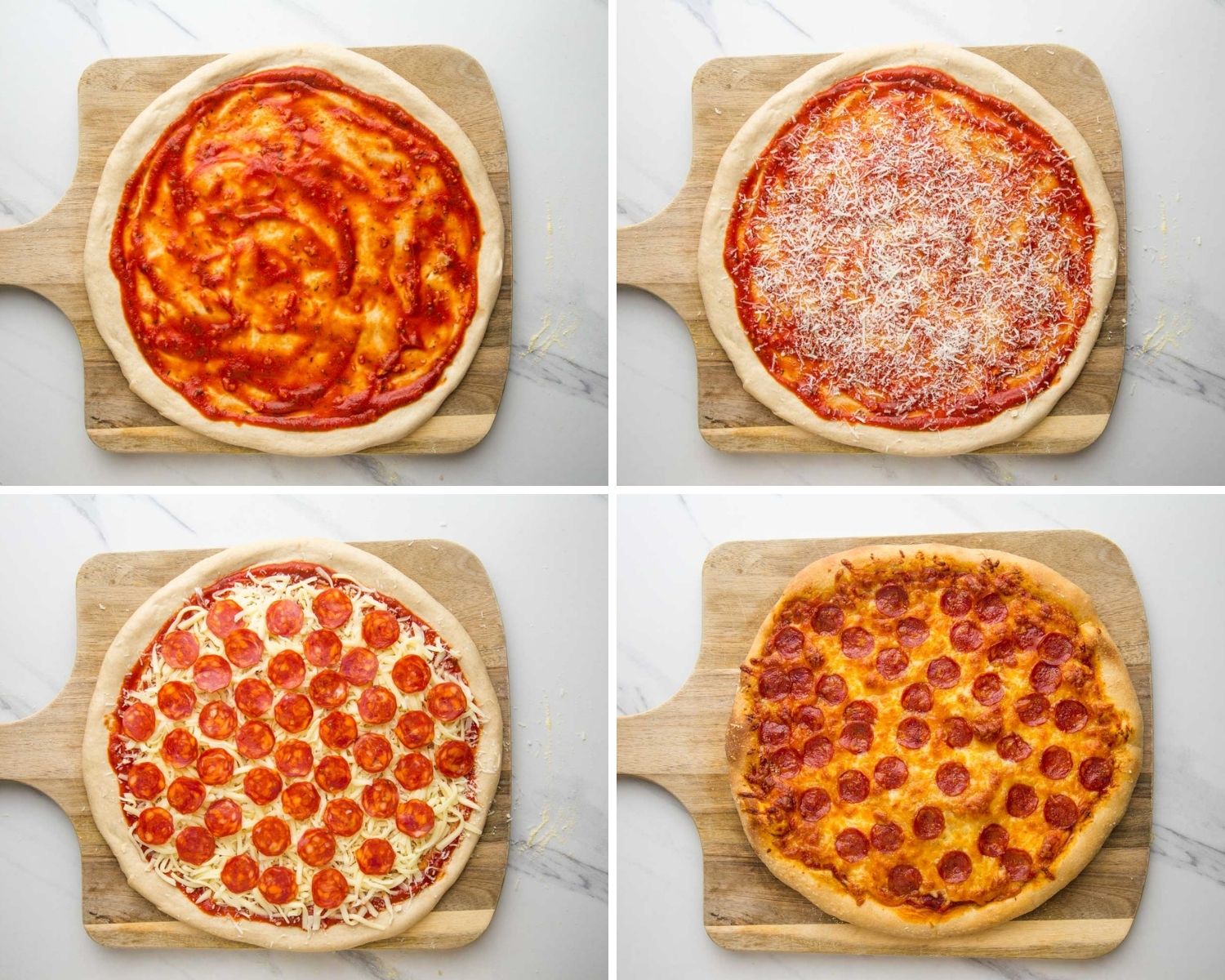Collage of four images showing how to make pepperoni pizza