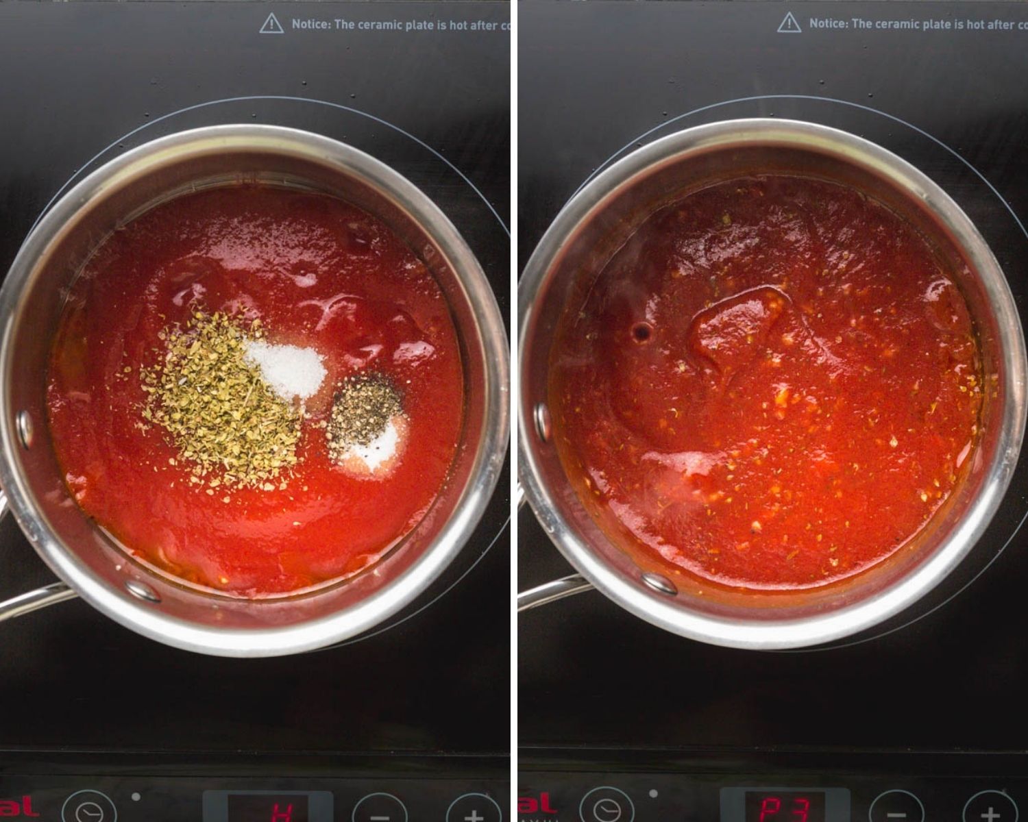 Collage of 2 images showing how to make quick tomato pizza sauce