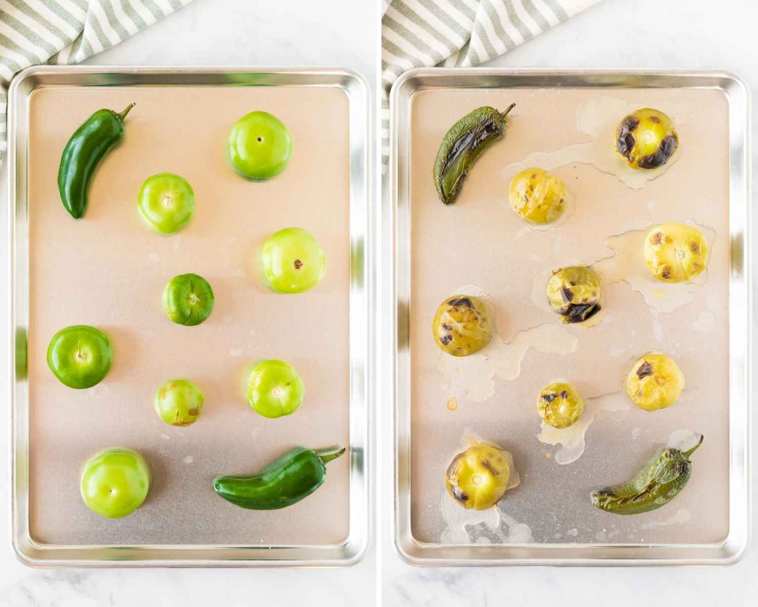 2 images of how to roast tomatillos for salsa verde