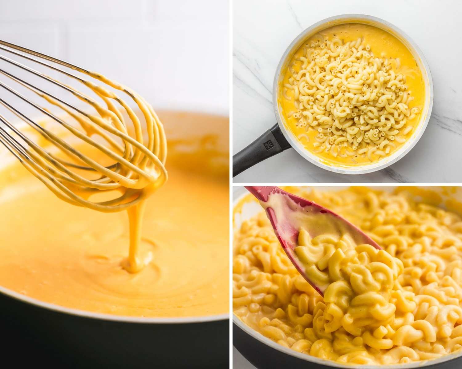 a photo collage of three images showing the steps for making stovetop mac and cheese