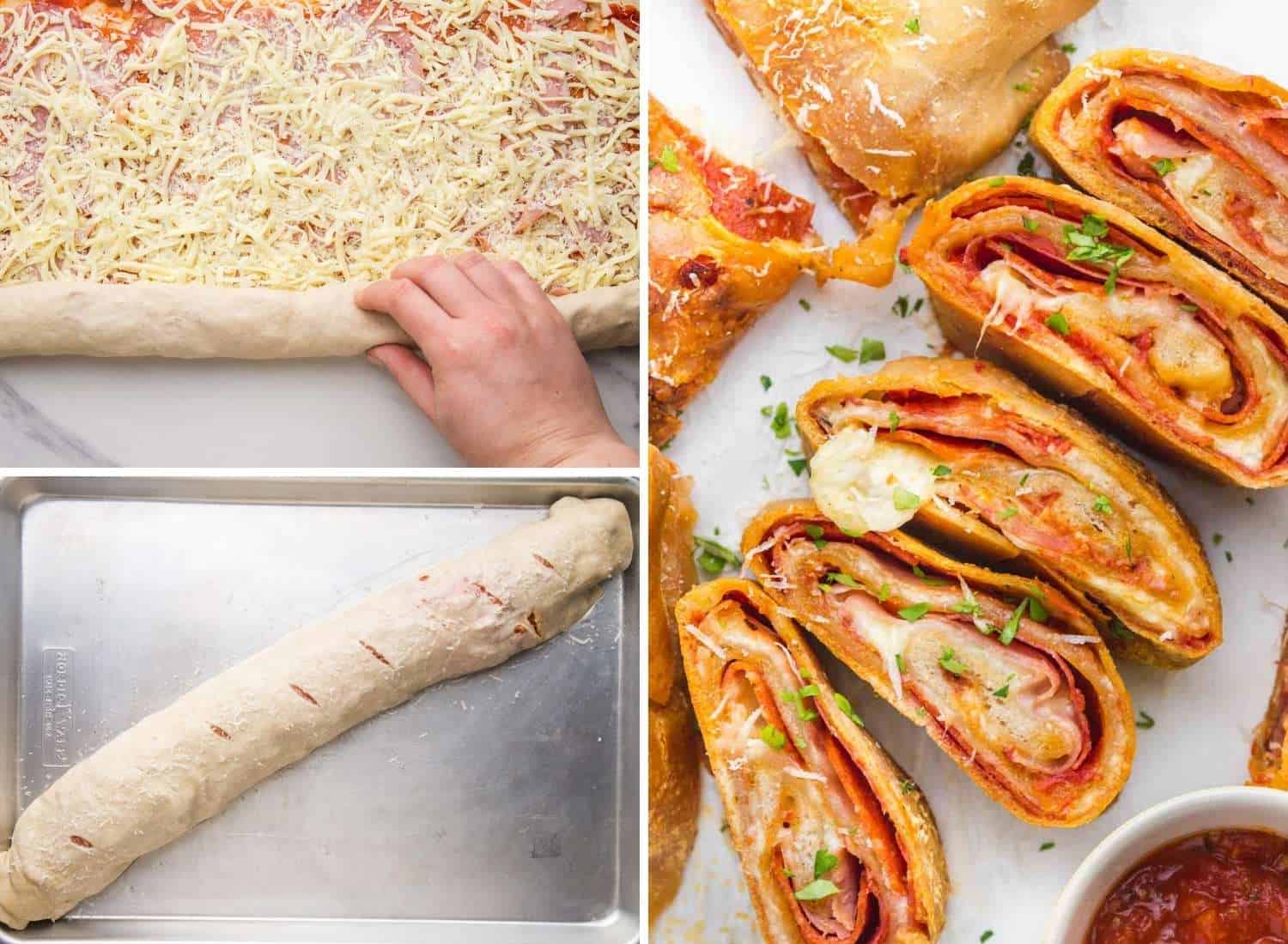 a photo collage showing three steps to roll and bake a homemade stromboli