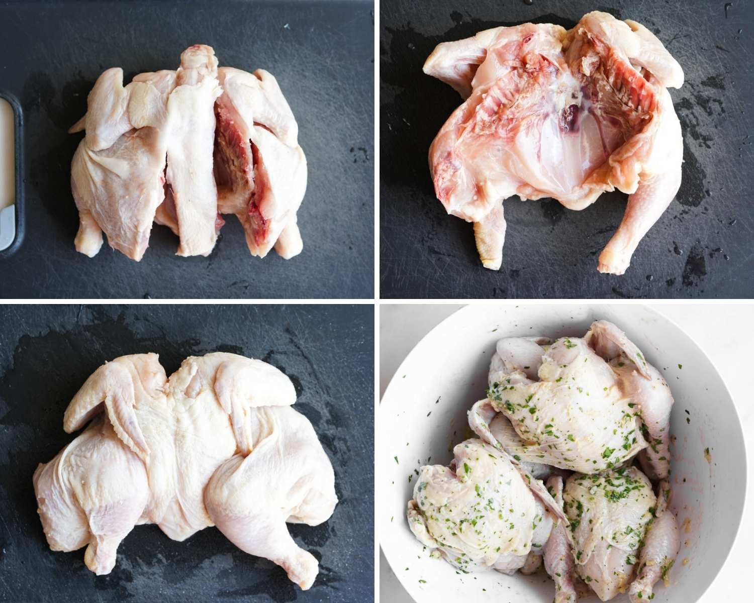 Collage of four images showing how to spatchcock cornish hens