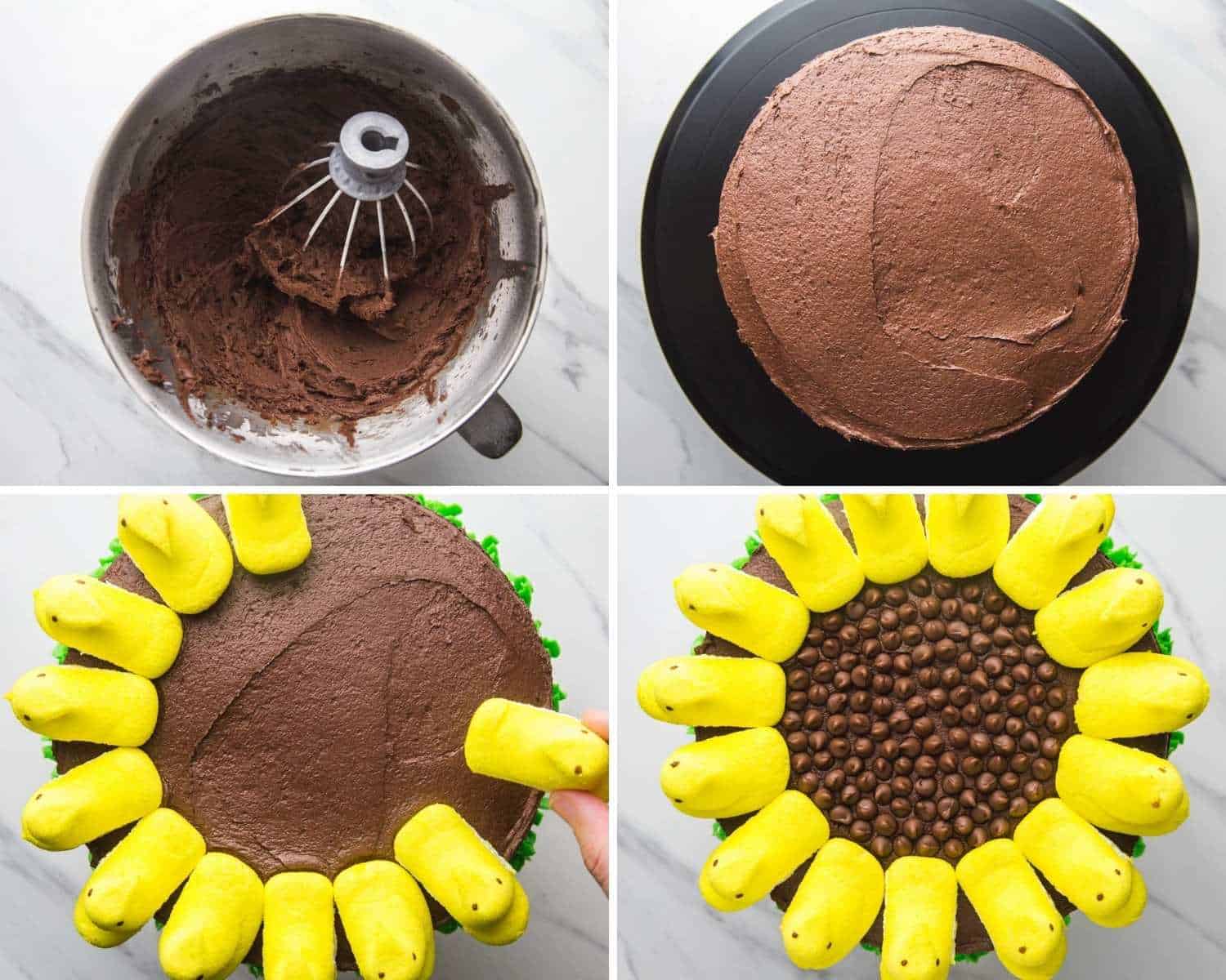 a collage of four photos that show how to decorate a chocolate easter peeps cake like a sunflower
