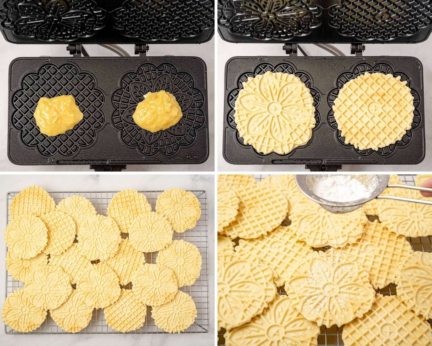 a collage of 4 photos showing how to cook pizzelles on an iron and dust them with powdered sugar