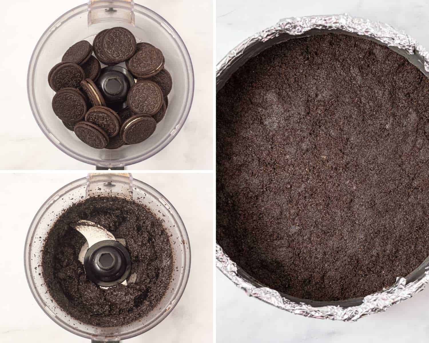 Collage of three images showing how to make an Oreo crust for a cheesecake