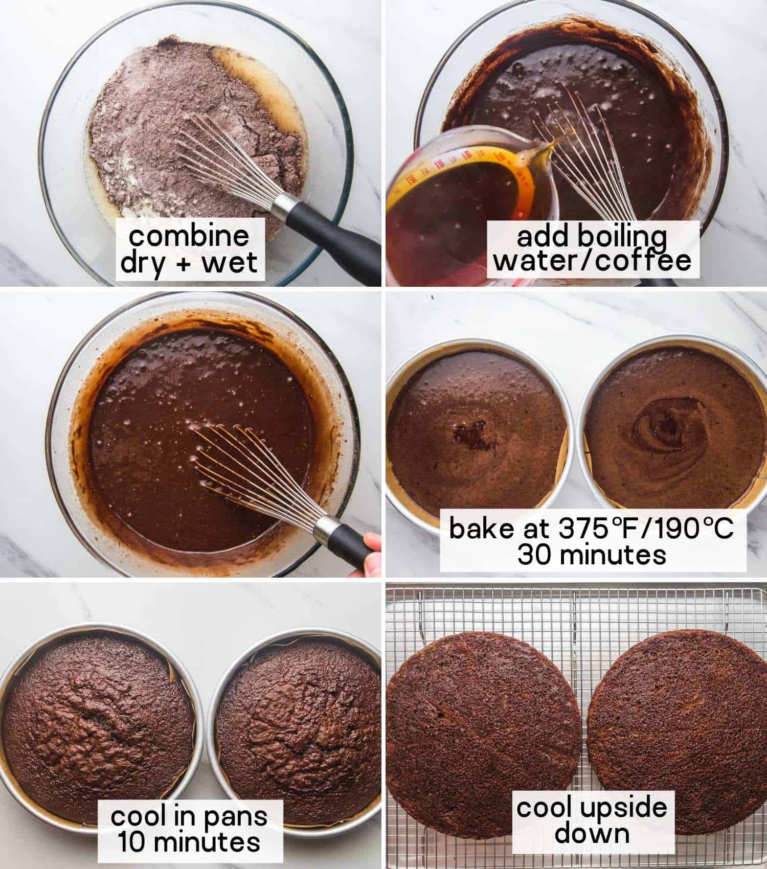Photo collage showing six steps needed to make a chocolate cake from scratch