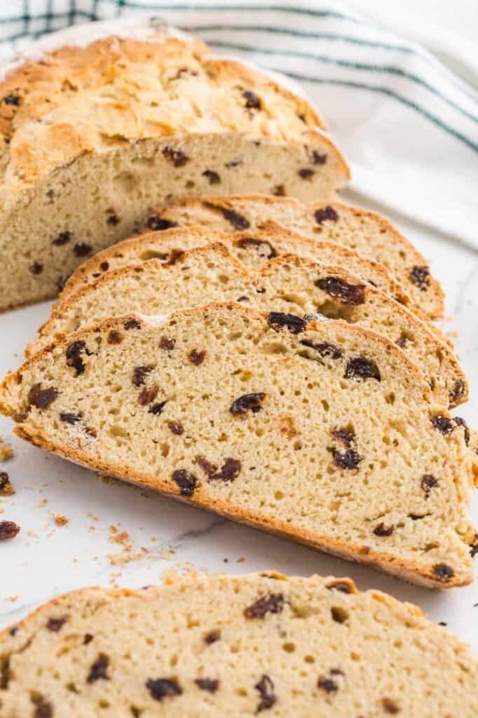 Sliced Irish soda bread with raisins