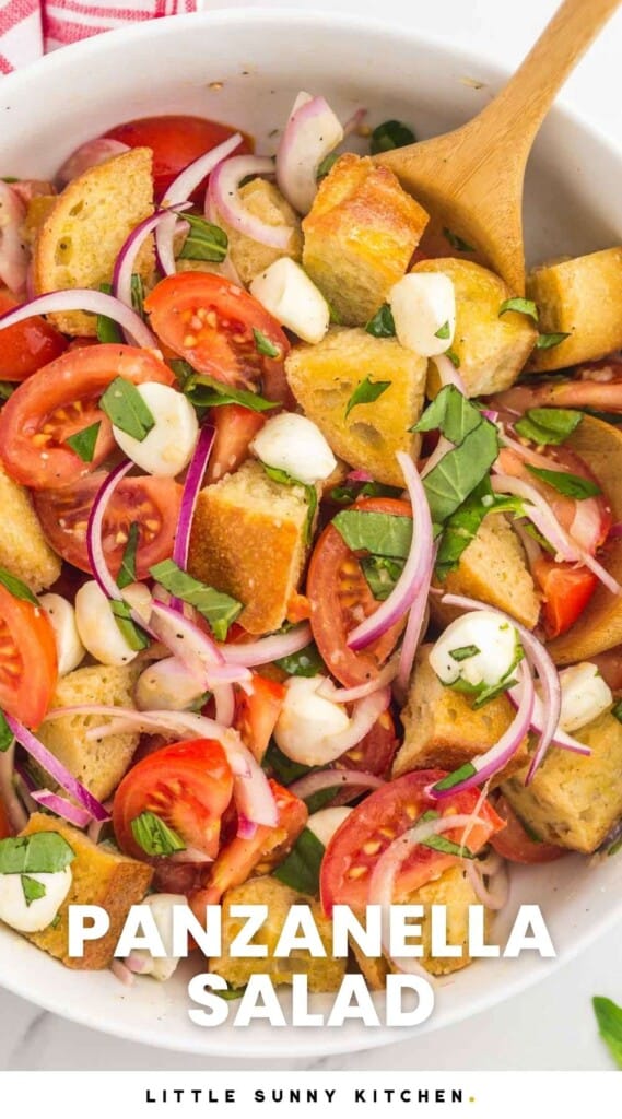a large white ceramic bowl filled with panzanella salad of bread cubes, tomatoes, onions, herbs, and mozzarella cheese. Text overlay at bottom of image says, Panzanella Salad