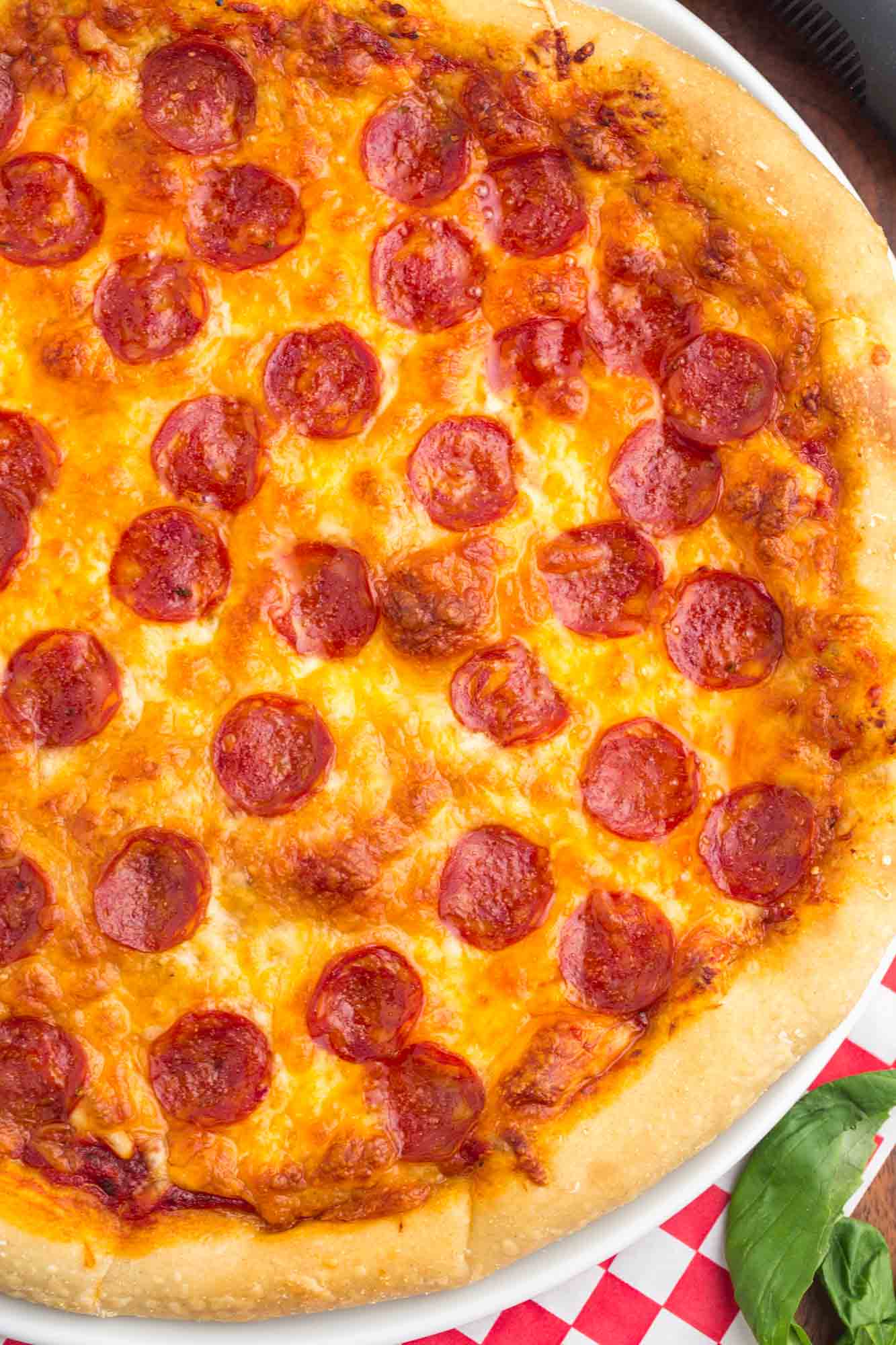Overhead shot of pepperoni pizza