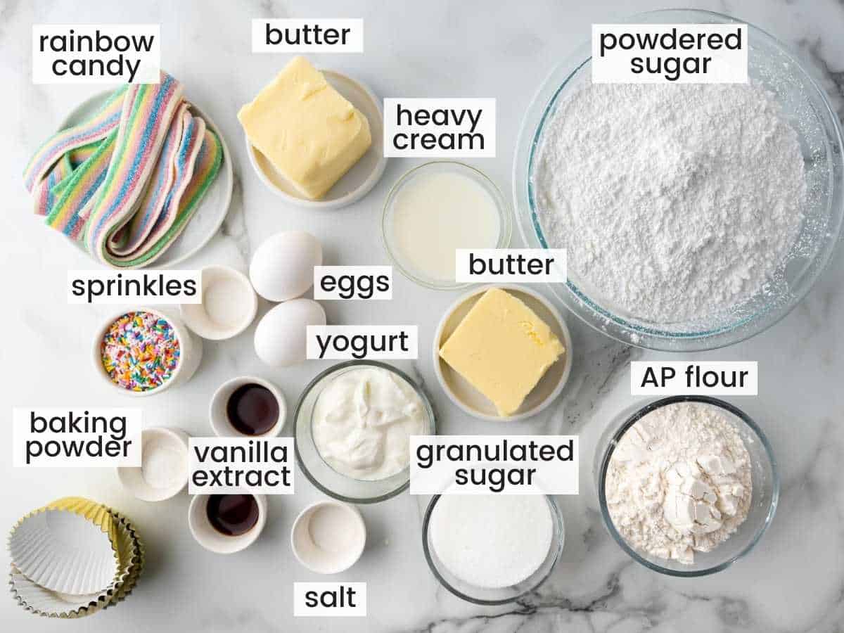 Ingredients needed to make rainbow cupcakes