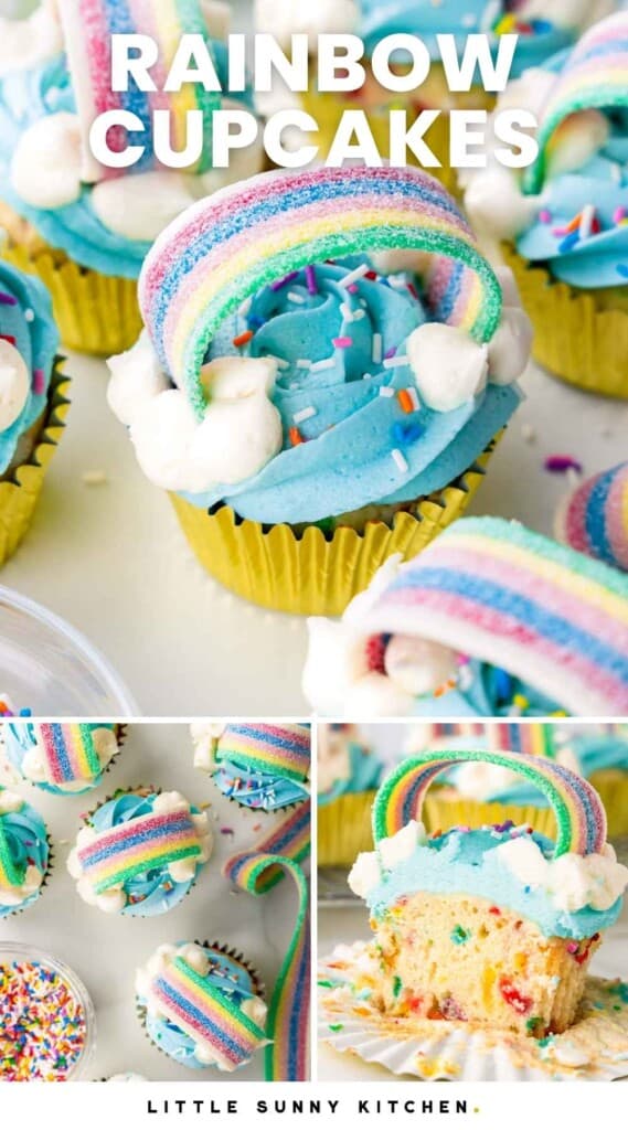 A collage of 3 images of rainbow cupcakes and overlay text that says "rainbow cupcakes"