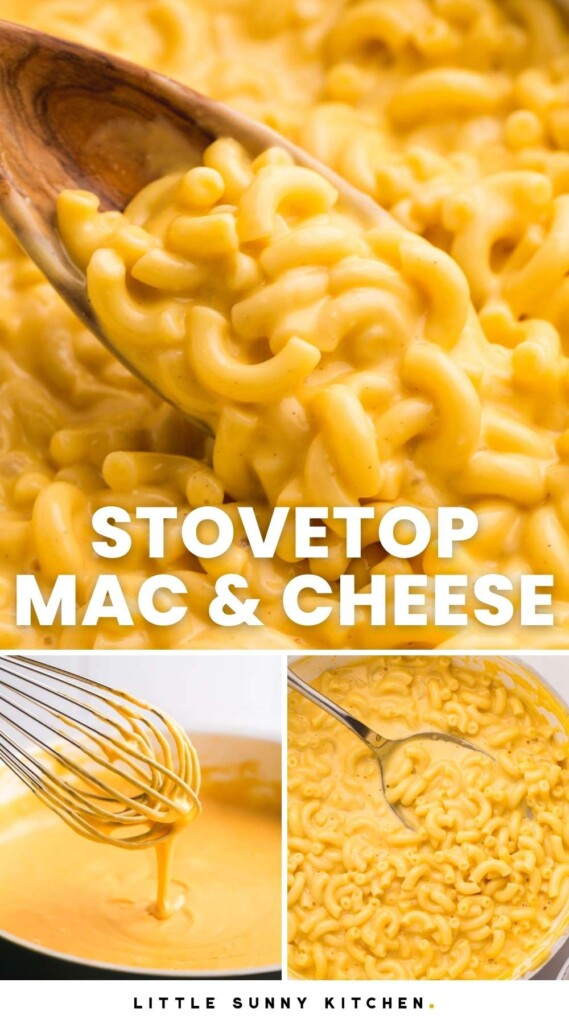 Photo collage of three images showing how easy it is to make stovetop mac and cheese