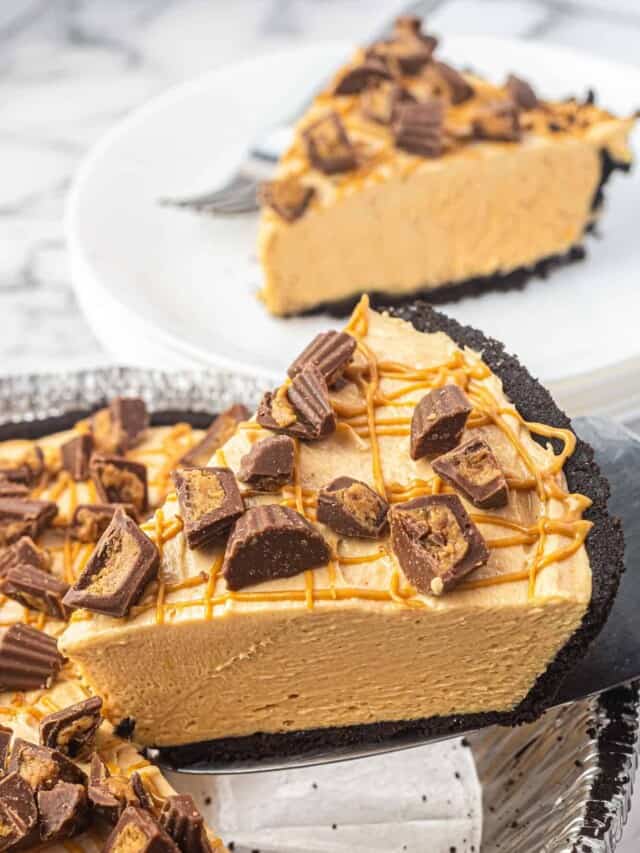 a slice of no bake peanut butter pie being lifted out of the pan.