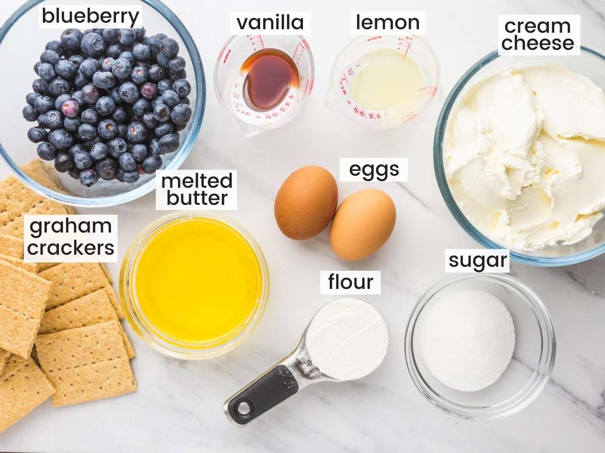 The ingredients for blueberry cheesecake bars in separate bowls on a marble counter
