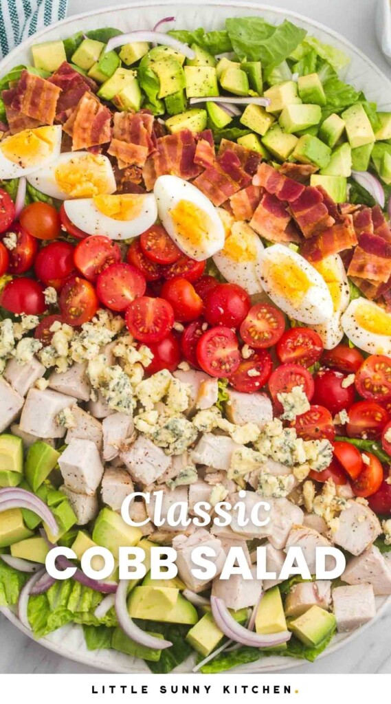 a large homemade cobb salad. White text on the image says Classic Cobb Salad