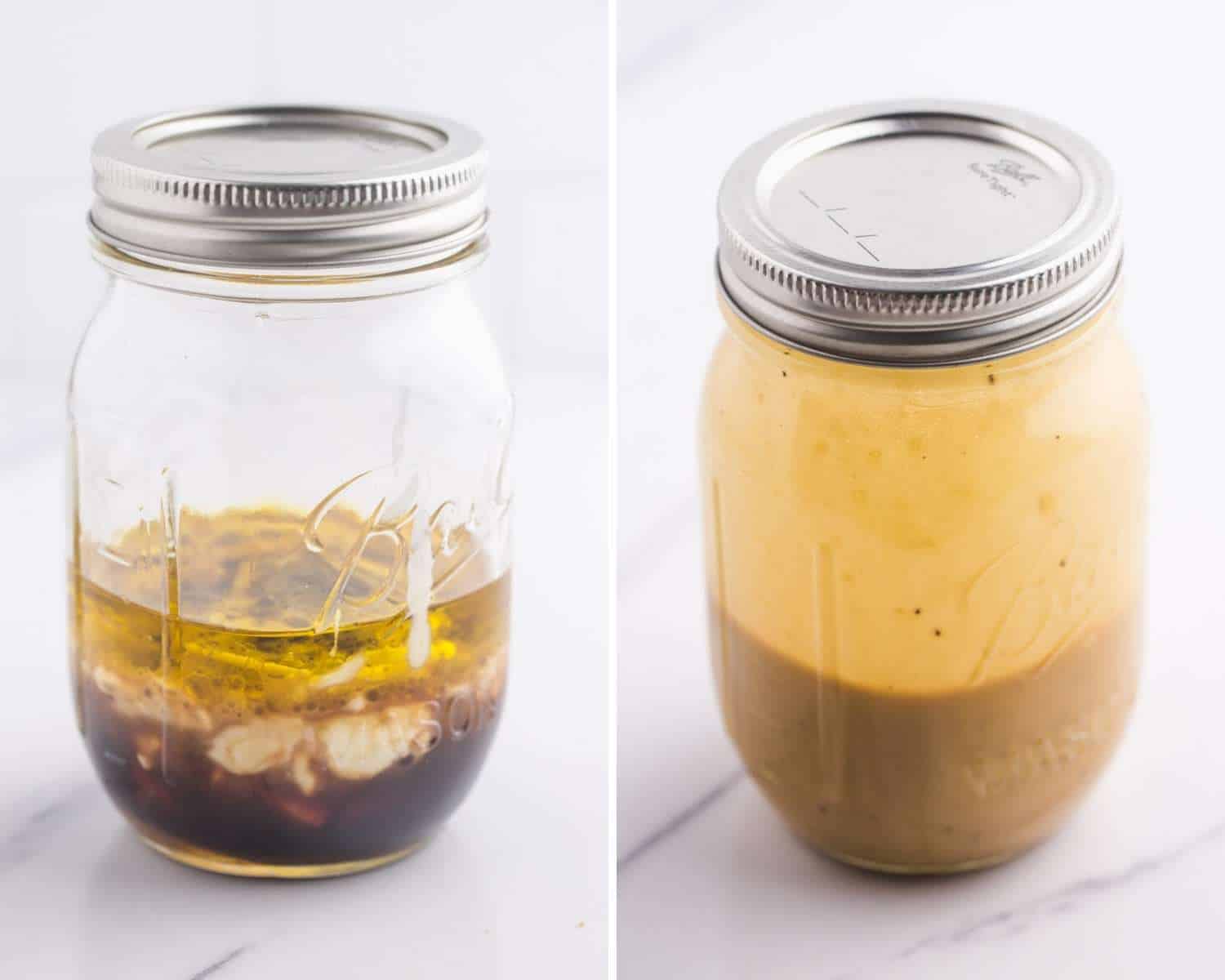 two photos showing how to make creamy balsamic dressing in a mason jar