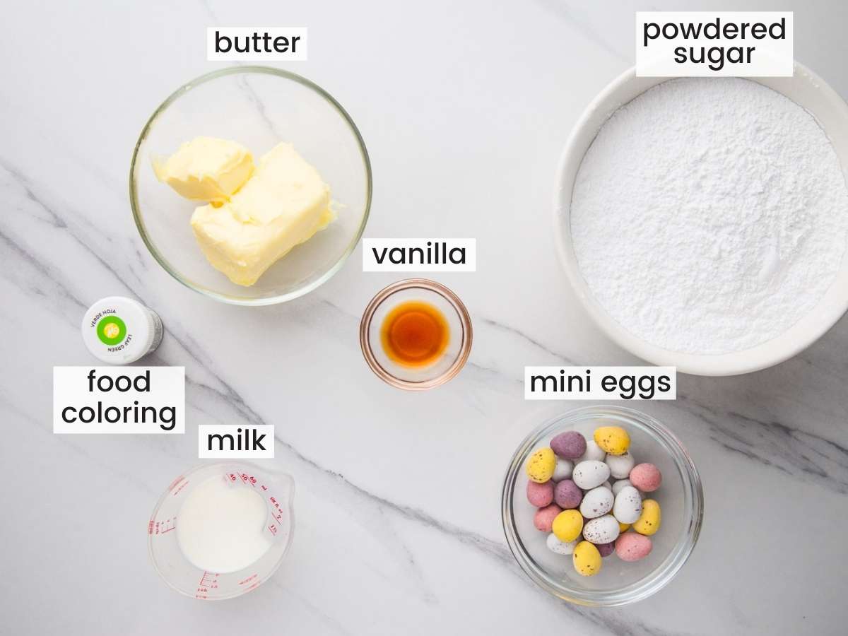 Ingredients needed to make green buttercream and chocolate mini eggs