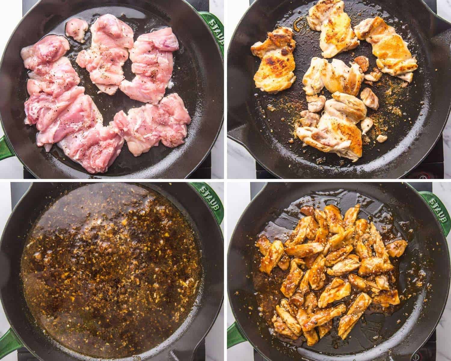 collage of four images showing how to make teriyaki chicken using chicken thighs