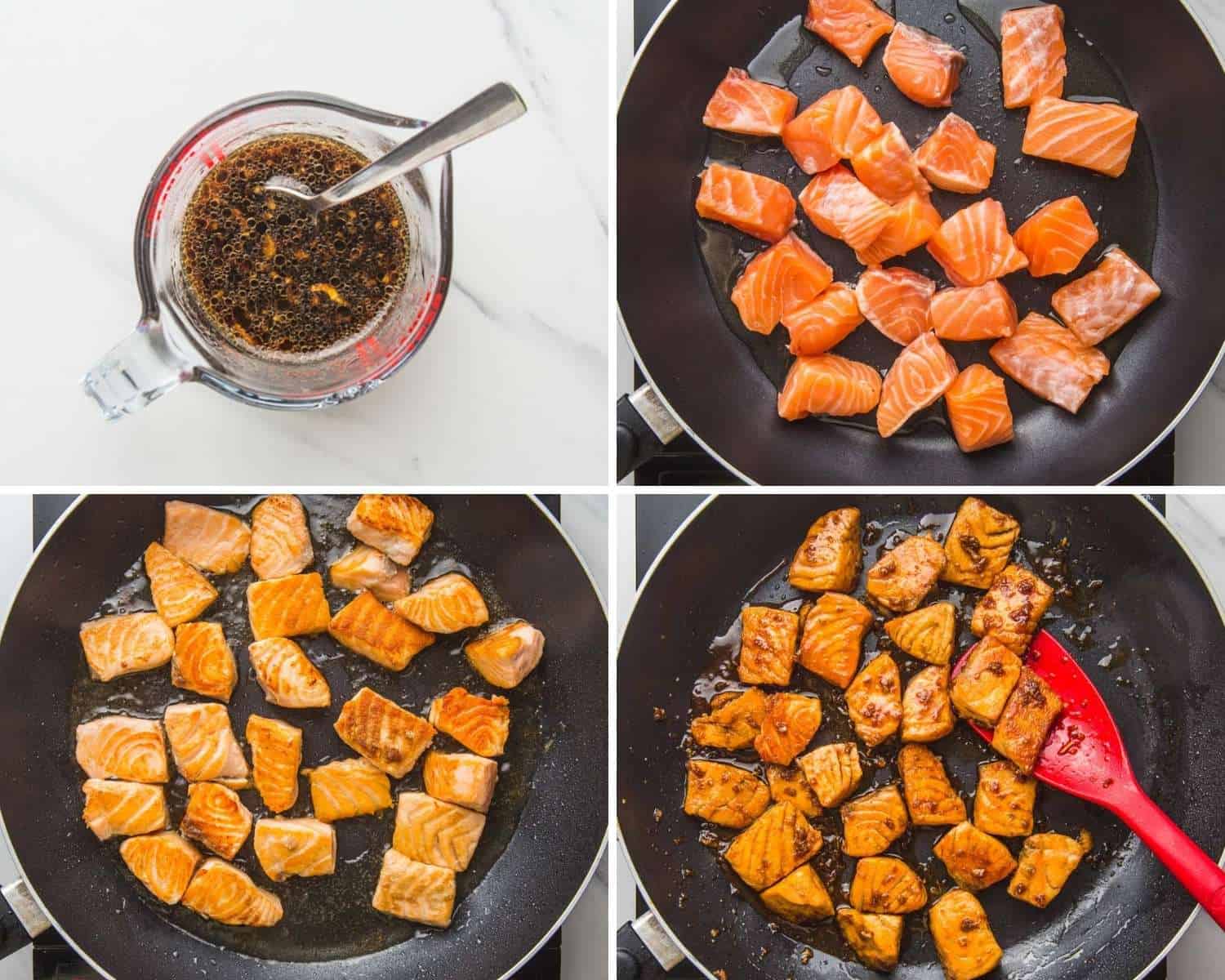 photo collage of four pictures showing how to cook teriyaki salmon
