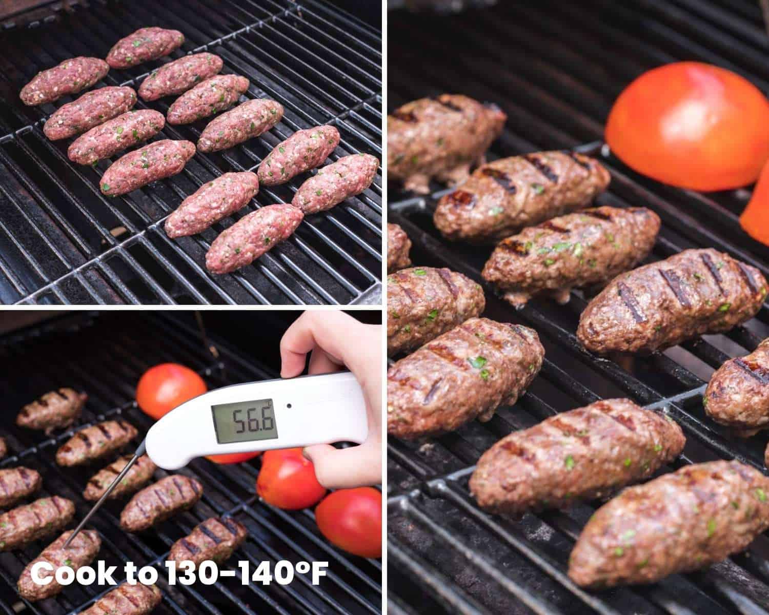 Collage of 3 images showing how to grill kafras on an outdoor grill