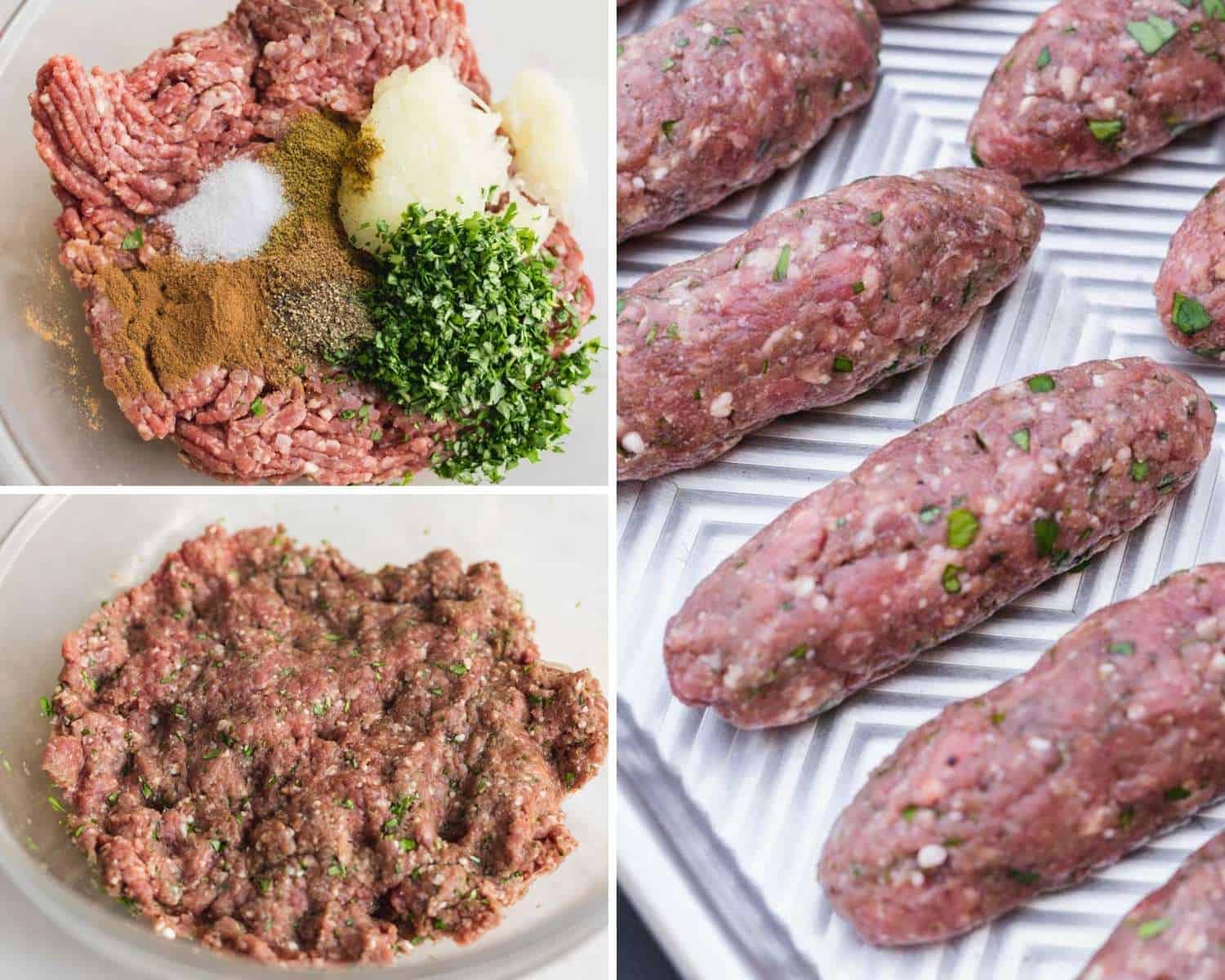 Collage of 3 images showing how to make kafta mixture and shape into kafta patties