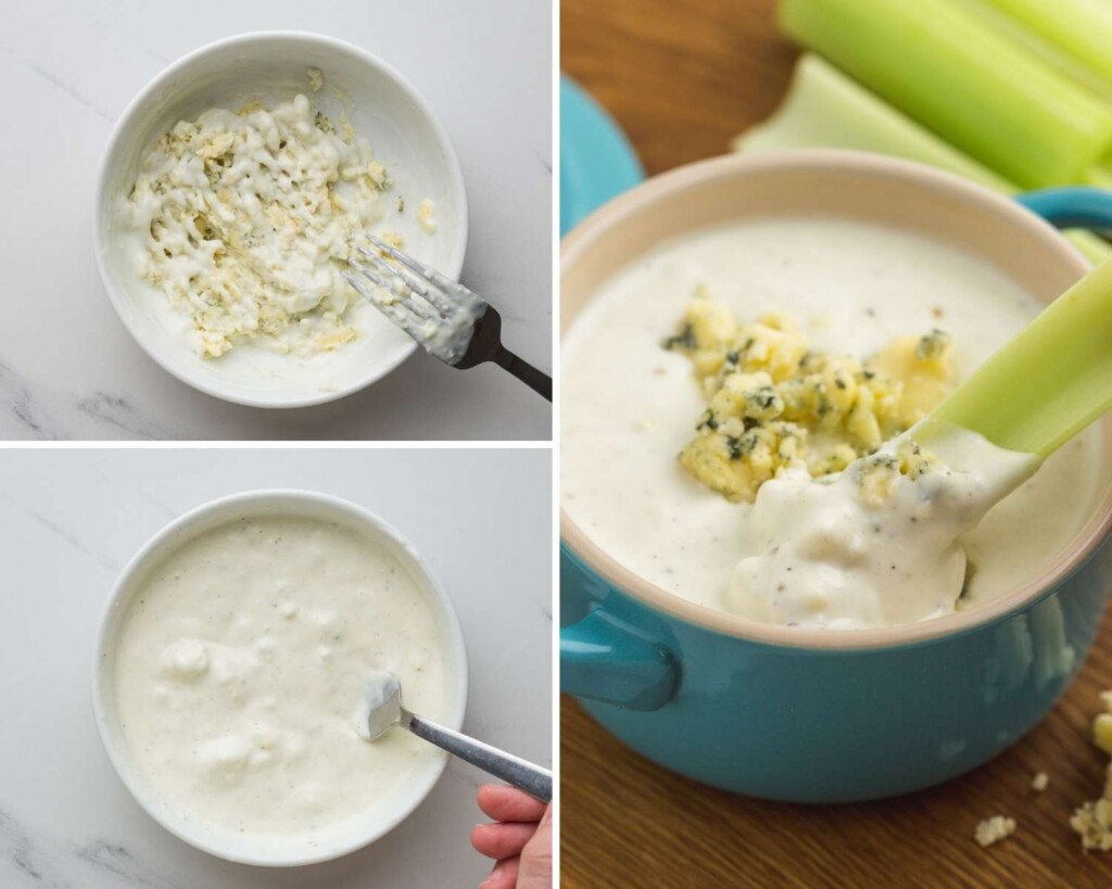 a photo collage of three images showing how to make blue cheese dressing 