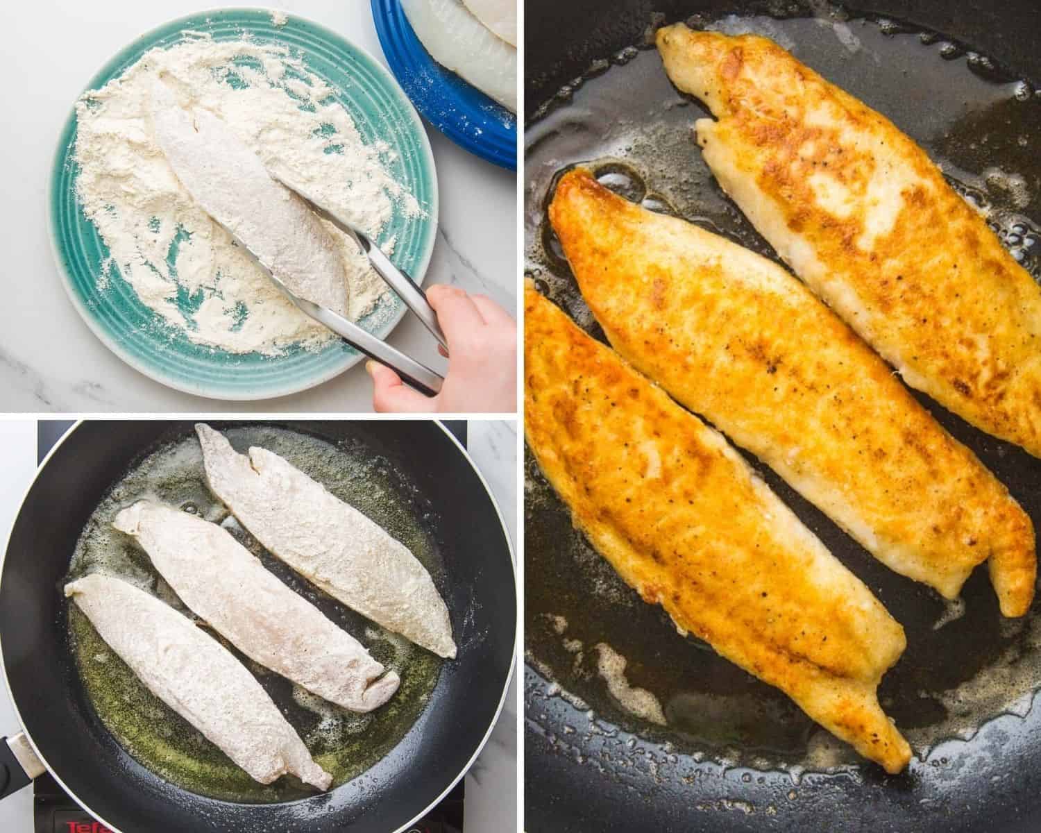 a collage of three images showing how to dredge and cook tilapia for piccata