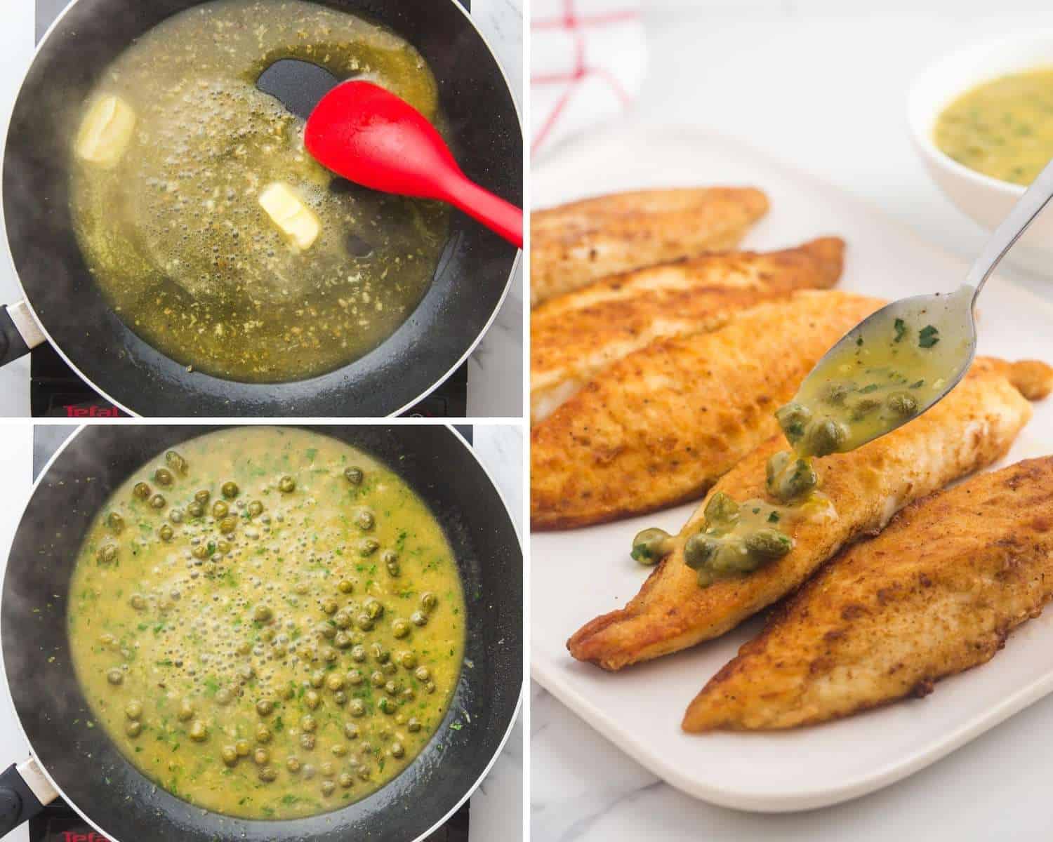 A collage of three photos showing how to make piccata sauce for fish