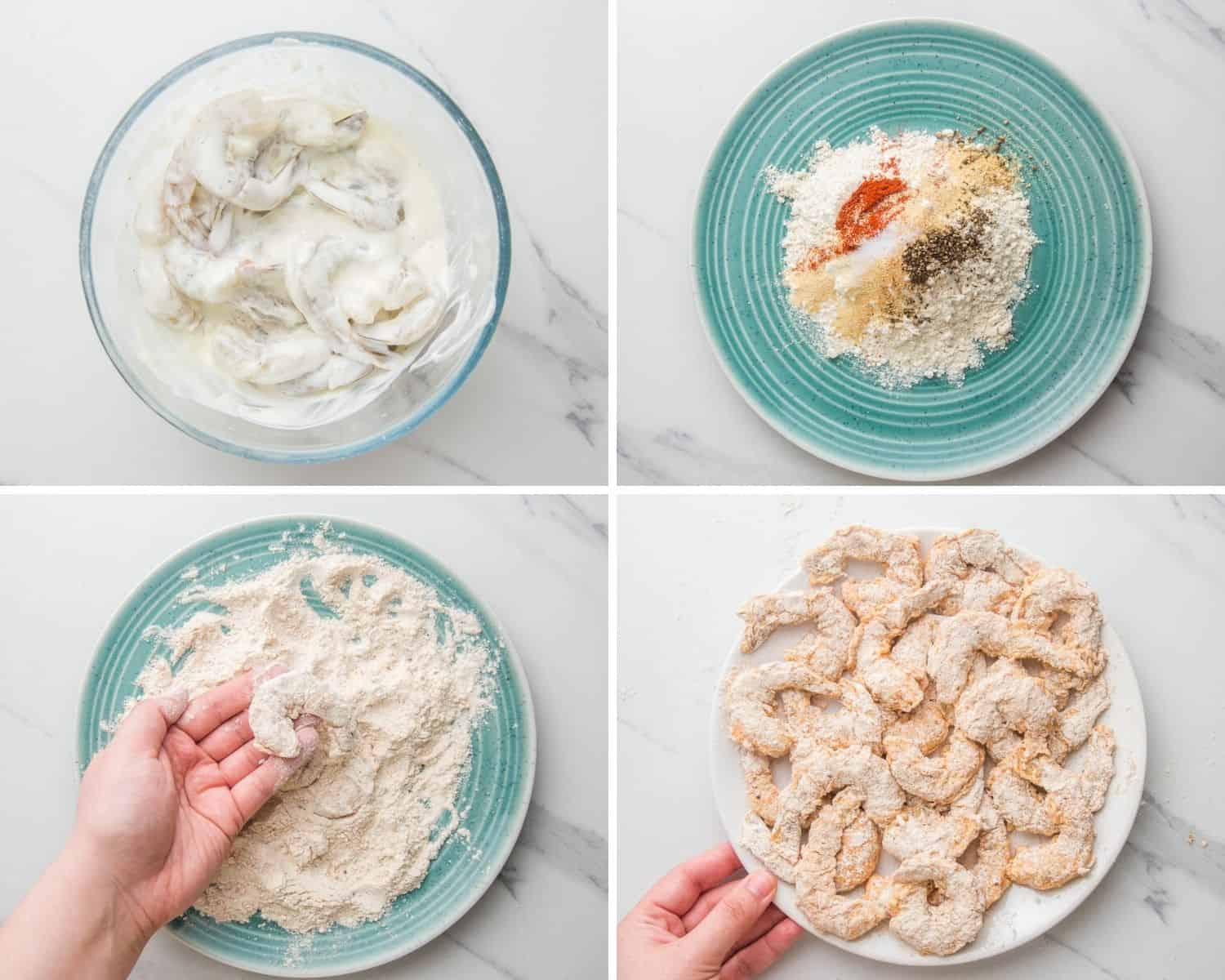 a collage of four images showing how to bread shrimp with seasoned flour
