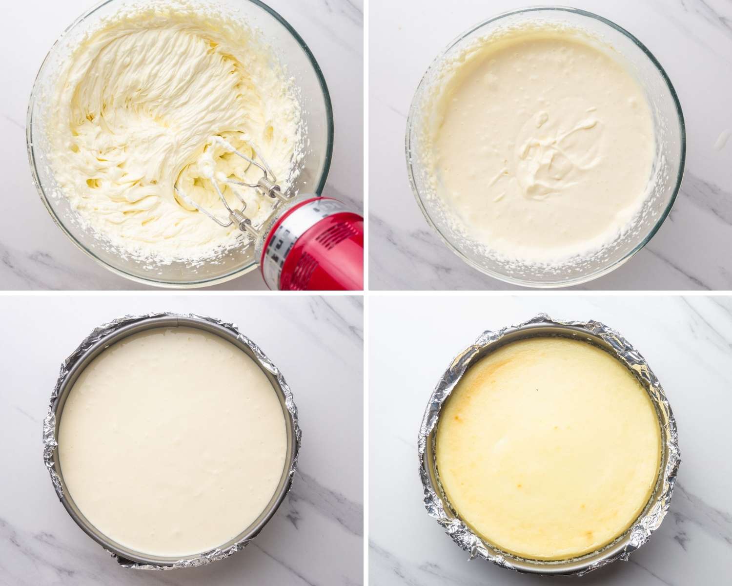 photo collage showing four steps for making new york cheesecake