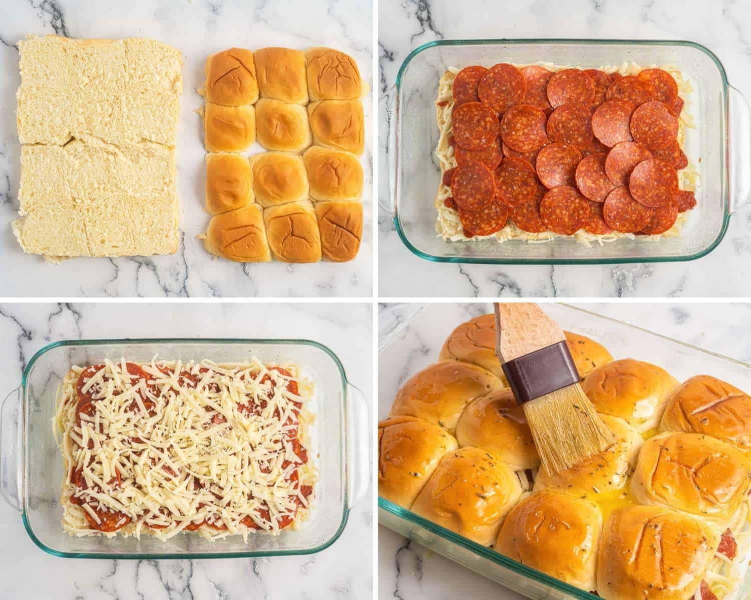 a collage of four photos showing how to make pizza sliders on hawaiian rolls