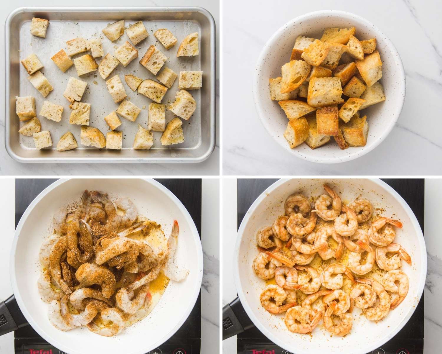 a photo collage showing how to make homemade croutons and sauteed shrimp