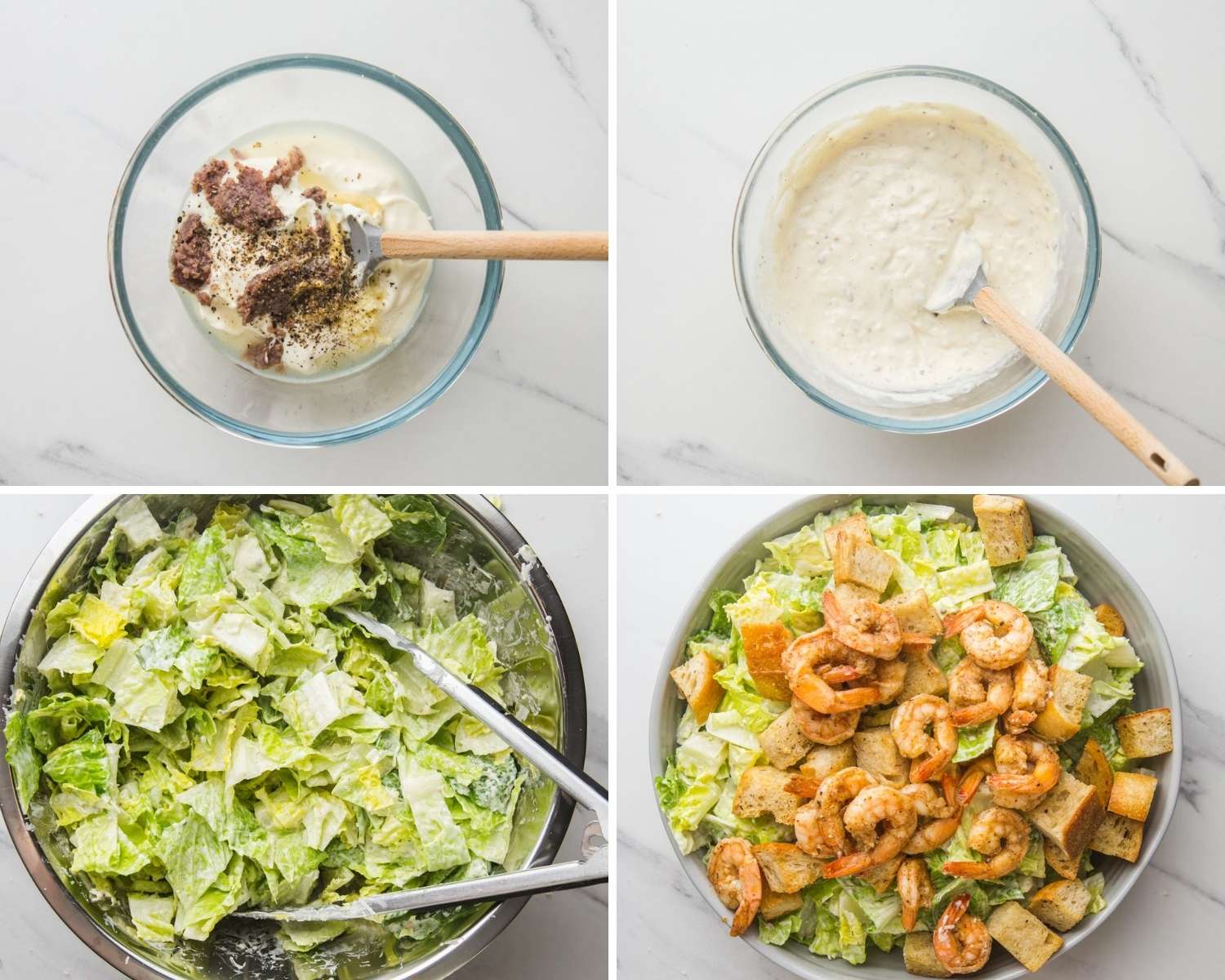 photo collage of four images showing how to make caesar dressing and assemble a shrimp caesar salad