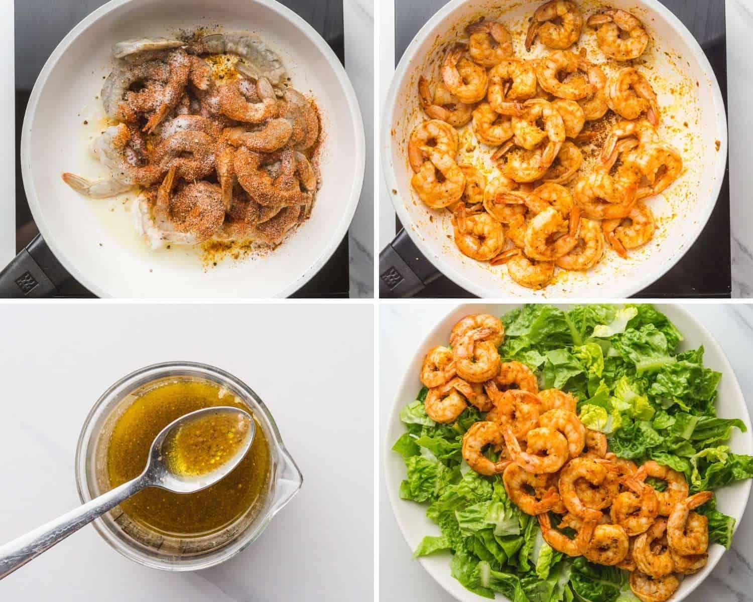 a collage of four images showing how to cook shrimp, make dressing, and assemble a shrimp cobb salad
