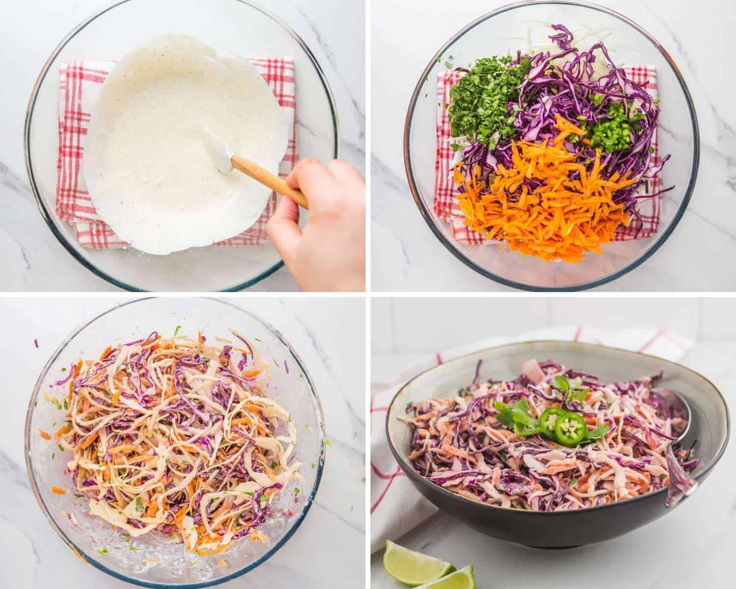 a collage of four images showing how to make a slaw for fish tacos in a glass mixing bowl