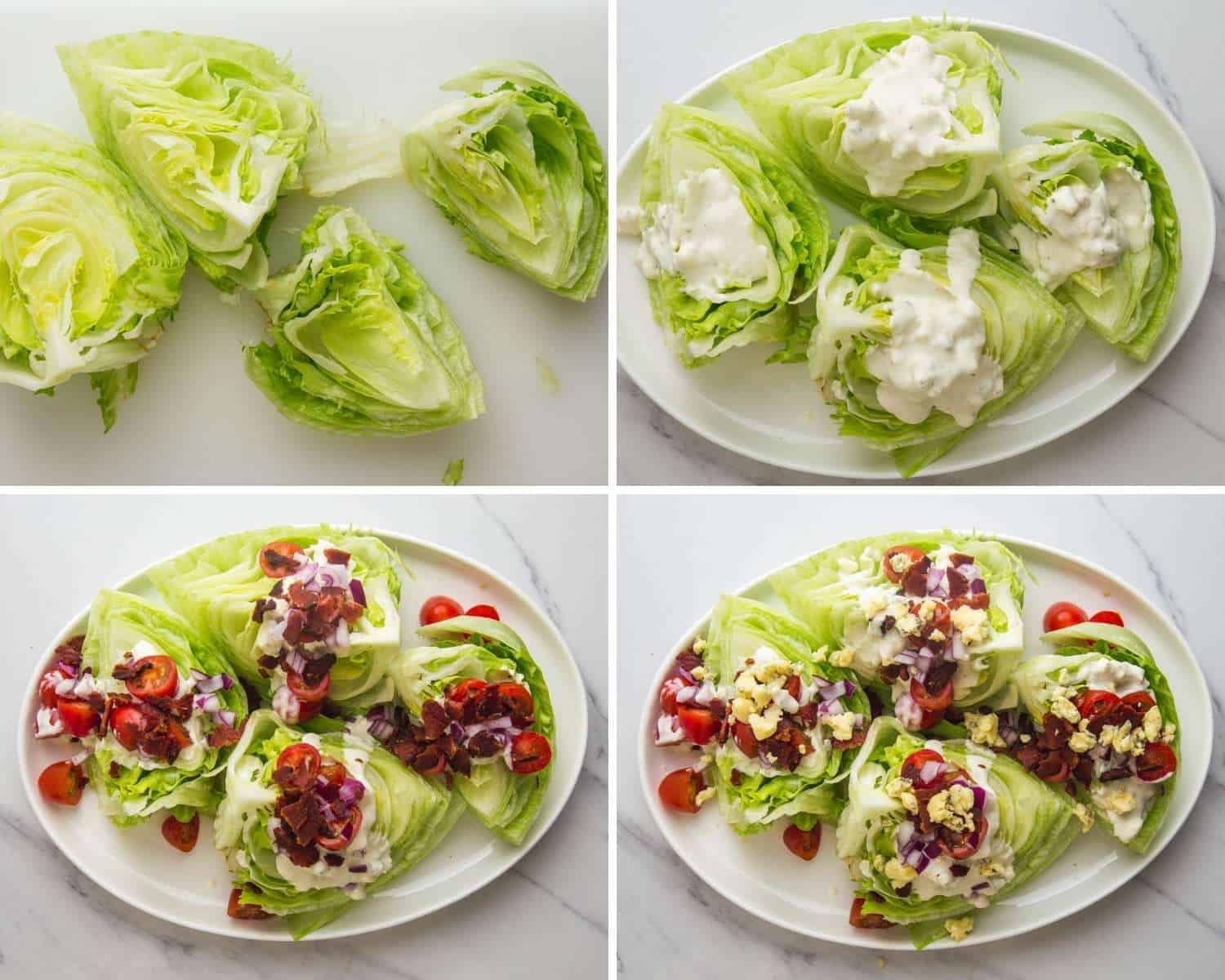 a collage of four images showing how to make a simple iceberg wedge salad